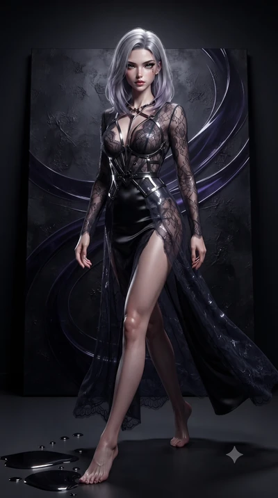 score_9, masterpiece, best quality, ultra-detailed, high-budget anime keyframe, editorial fashion photography, tasteful artistic composition, Caucasian woman. low angle full-body shot from head to toe showing her feet, filling the entire 9:16 vertica