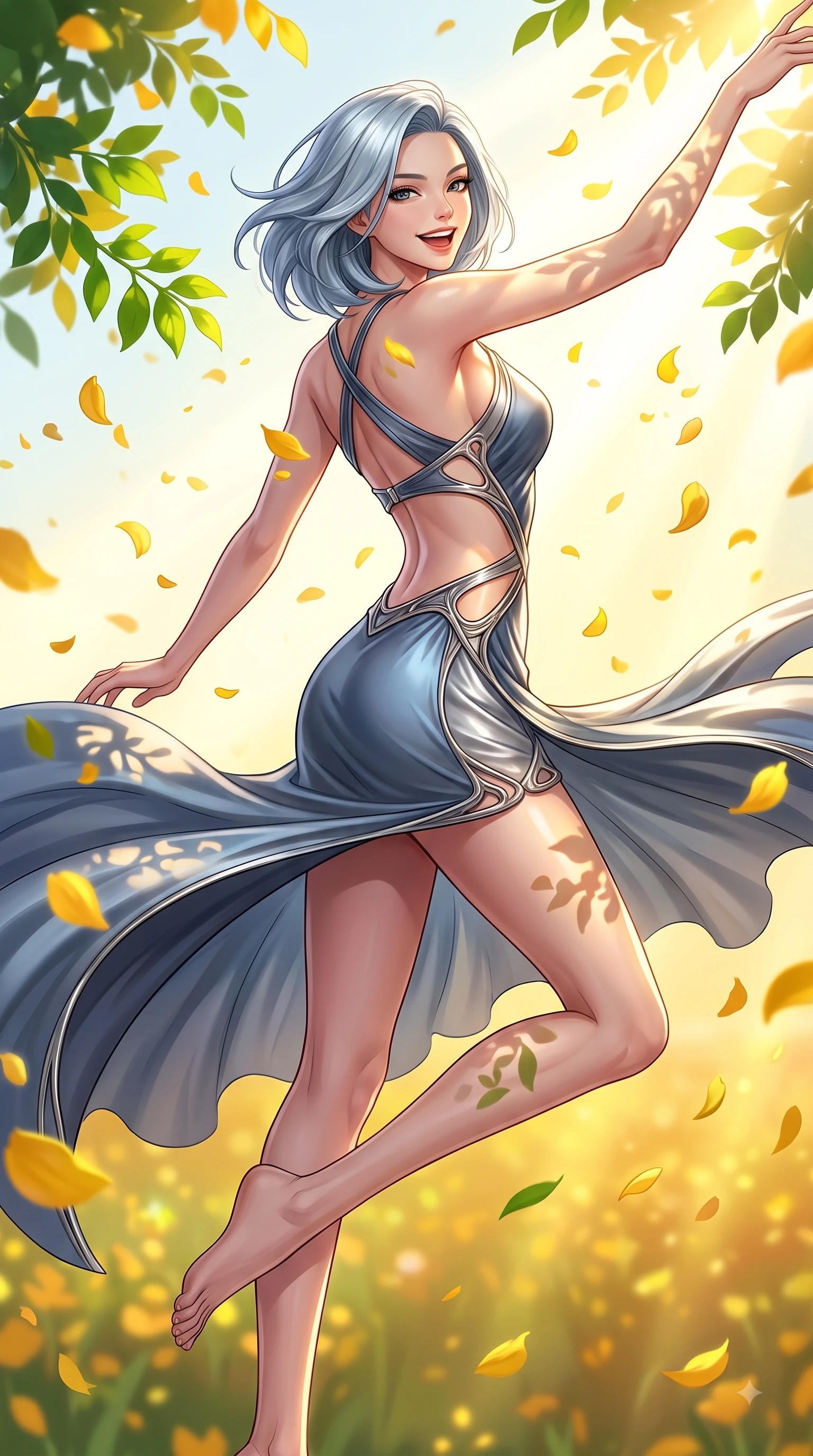 score_9, masterpiece, best quality, ultra-detailed, high-budget anime keyframe, editorial fashion photography, tasteful artistic composition, Korean woman. low angle full-body shot from head to toe showing her feet, filling the entire 9:16 vertical frame with her statuesque presence, stretching her vertical silhouette. performing a cheerful mid-air rotation with flawless poise, her radiant smile capturing pure happy energy while spinning in mid-air with a delighted laughing expression as yellow petals rain around her, bright green leaves and golden petals casting cheerful organic stencil shadows. She has an absolutely perfect, statuesque 8.5-heads proportion, an exceptionally tall and slender model-like female figure with impossibly long slender legs and an ultra-slim waist. sharp v-shaped jawline, high-bridge nose, intricate jewel-like eyes with depth, thick eyelashes, glossy lips with a natural sheen, flawlessly proportioned anatomical accuracy, natural body alignment, perfectly sculpted elegant limbs, clean dynamic posture without body distortion. wearing a dramatic open-waist cutout mini dress framed by sculptural hardware in slate blue and metallic silver, crafted from smooth liquid silk, complemented by criss-cross back straps highlighting her bare shoulders, the form-contouring material highlighting her ultra-slim waist and long lines. bathed in brilliant sunny morning light and warm golden meadow sunbursts. highly saturated vibrant anime colors, detailed shading with soft gradients, rich glossy textures, high-contrast stereoscopic depth, volumetric dynamic lighting, master piece, 9:16 ratio