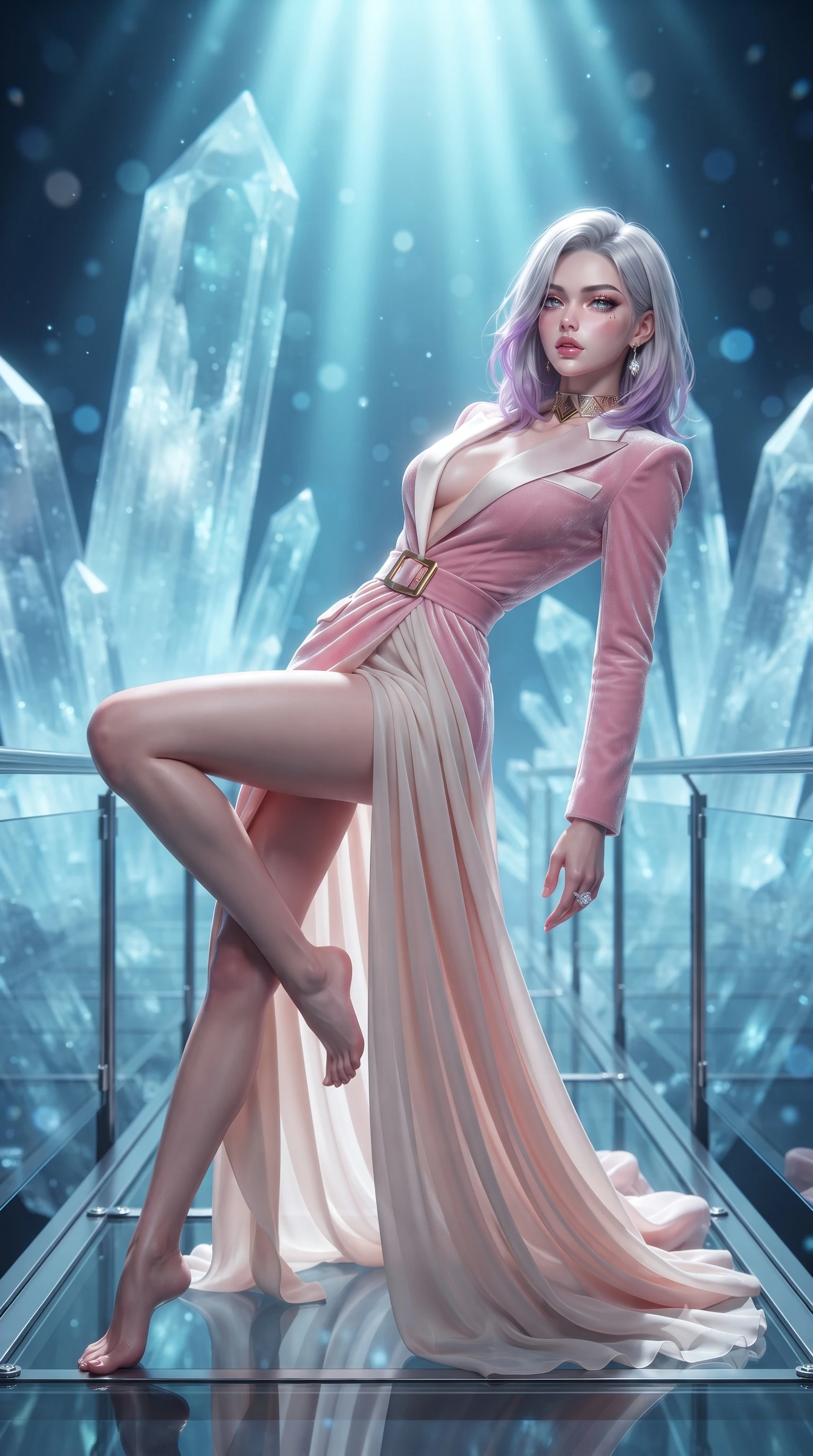 score_9, masterpiece, best quality, ultra-detailed, high-budget anime keyframe, editorial fashion photography, tasteful artistic composition, Caucasian woman. low angle full-body shot from head to toe showing her feet, filling the entire 9:16 vertical frame with her statuesque presence, stretching her vertical silhouette. reclining on her side in an elegant Cleopatra pose with one knee drawn up, the dramatic contour of her rounded hips and long slender legs commanding the 9:16 vertical frame while standing on a suspended high-tech walkway between colossal translucent selenite crystal spires, arching her back as blue research spotlights illuminate their inner glow. The composition keeps background elements in soft focus with creamy bokeh. towering translucent selenite crystal pillars and glowing blue inspection lights blurred into ethereal sapphire, ice-blue, and diamond bokeh. She has an exceptionally tall and slender model-like 8.5-heads proportion, an ultra-slim waist, a flat toned midriff, narrow delicate ribcage, and beautifully sculpted feminine hips creating a graceful, slim hourglass silhouette without any bulky heaviness, with impossibly long slender legs. sharp v-shaped jawline, high-bridge nose, intricate jewel-like eyes with depth, thick eyelashes, glossy parted lips with a natural sheen, intensely captivating and seductive bedroom-eyes expression, flawlessly proportioned anatomical accuracy, strict slender model proportions, natural body alignment, perfectly sculpted long slender limbs, ultra-slim waistline, clean dynamic posture without body distortion. wearing a tailored velvet tuxedo jacket dress with satin lapels, worn with a deep plunge neckline and gold hip buckle in sakura blossom pink and warm ivory, woven from layered gossamer chiffon with a weightless sweeping drape, complemented by a bold geometric choker and sparkling cocktail ring, the second-skin form-contouring cut accentuating her sculpted flat midriff, narrow delicate ribcage, and gracefully curvy hips with supermodel precision. bathed in ethereal ice-blue and cyan spotlights filtering through massive translucent mineral crystals. ultra-reflective glossy finish, specular highlights, rich textural contrasts, high-contrast stereoscopic depth, volumetric dynamic lighting, 2k, ultra detail, master piece, 9:16 ratio