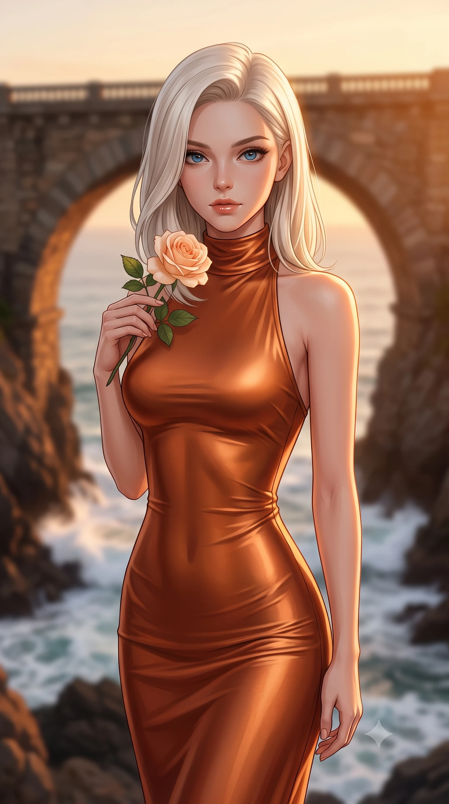 score_9, masterpiece, best quality, ultra-detailed, high-budget anime keyframe, editorial fashion photography, tasteful artistic composition, Caucasian woman woman. close-up cowboy shot from the waist and thighs up, the character dominates the composition, filling the frame with her large presence, background elements kept in soft focus. gazing directly at the viewer with a calm and welcoming expression, holding a fresh flower the background shows a soft-focus a natural stone arch bridge facing a dramatic rocky bay with breaking white waves. She has an exceptionally elegant, slender, and willowy female figure with an ultra-slim waist, a gracefully sculpted slender torso, and a refined silhouette. sharp v-shaped jawline, high-bridge nose, intricate jewel-like eyes with depth, thick eyelashes, glossy lips with a natural sheen. wearing a form-contouring form-fitting high-neck maxi dress in liquid copper jersey, clinging to her slender frame. the golden hour sunset creating a warm, majestic amber wash. 2k, ultra detail, master piece, 9:16 ratio