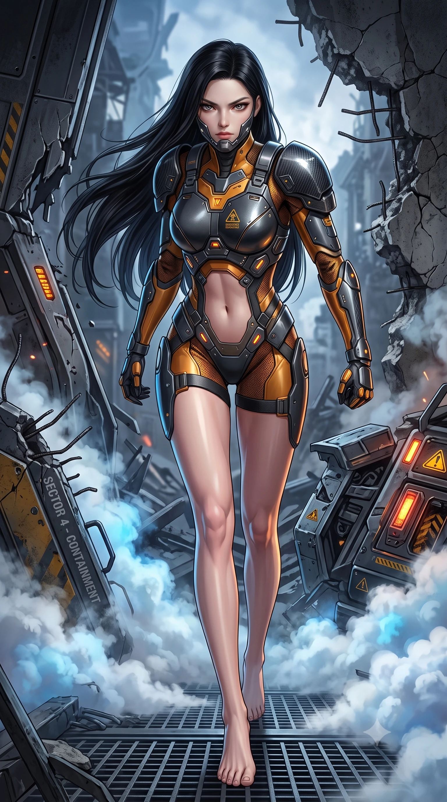 score_9, masterpiece, best quality, ultra-detailed, high-budget anime keyframe, semi-realistic 3D game render, editorial fashion photography, tasteful artistic composition, Korean woman. low angle full-body shot from head to toe showing her feet, filling the entire 9:16 vertical frame with her statuesque presence, stretching her vertical silhouette. striding forward with sovereign warrior elegance in a low, predatory combat advance through the ruins, hips swaying with fierce athletic poise while pivoting dynamically through escaping coolant steam as her heavy carbon shoulder guards smash through steel barricades. The surrounding environment is rendered in vivid detail and crisp panoramic clarity. sharp heavy modular cuirass plate bevels, glowing hazard symbol stencils, and dented steel bulkheads in deep focus. She has an absolutely perfect, statuesque 8.5-heads proportion, an exceptionally tall and slender model-like female figure with impossibly long slender legs, a toned flat midriff, and an ultra-slim waist. sharp v-shaped jawline, high-bridge nose, intricate jewel-like eyes with depth, thick eyelashes, glossy lips with a natural sheen, fierce and resolute heroine expression, flawlessly proportioned anatomical accuracy, strict slender model proportions, natural body alignment, perfectly sculpted long slender limbs, ultra-slim waistline, clean dynamic posture without body distortion. wearing a sleek titanium half-face combat rebreather guard protecting her lower jaw while leaving her expressive eyes and long hair flowing freely, paired with a tailored tactical combat jumpsuit with an open-back harness design, reinforced composite breastplate, and high-mobility elbow dampers in molten amber-gold carbon cuirass with dark gunmetal weave, formed from high-gloss patent carbon-plating with specular dystopian chiaroscuro reflections, featuring a sleek aerodynamic collar framed by subtle glowing cybernetic status LEDs, the precision-cut daring openings accentuating her delicate midriff, graceful bare collarbones, and ultra-slim feminine waistline. illuminated by sharp specular highlights tracing her ultra-slim waist, long legs, and sculpted armor plates. rich saturated anime colors with glowing neon highlights, detailed shading with soft gradients, rich glossy textures, high-contrast stereoscopic depth, volumetric dynamic lighting, master piece, 9:16 ratio