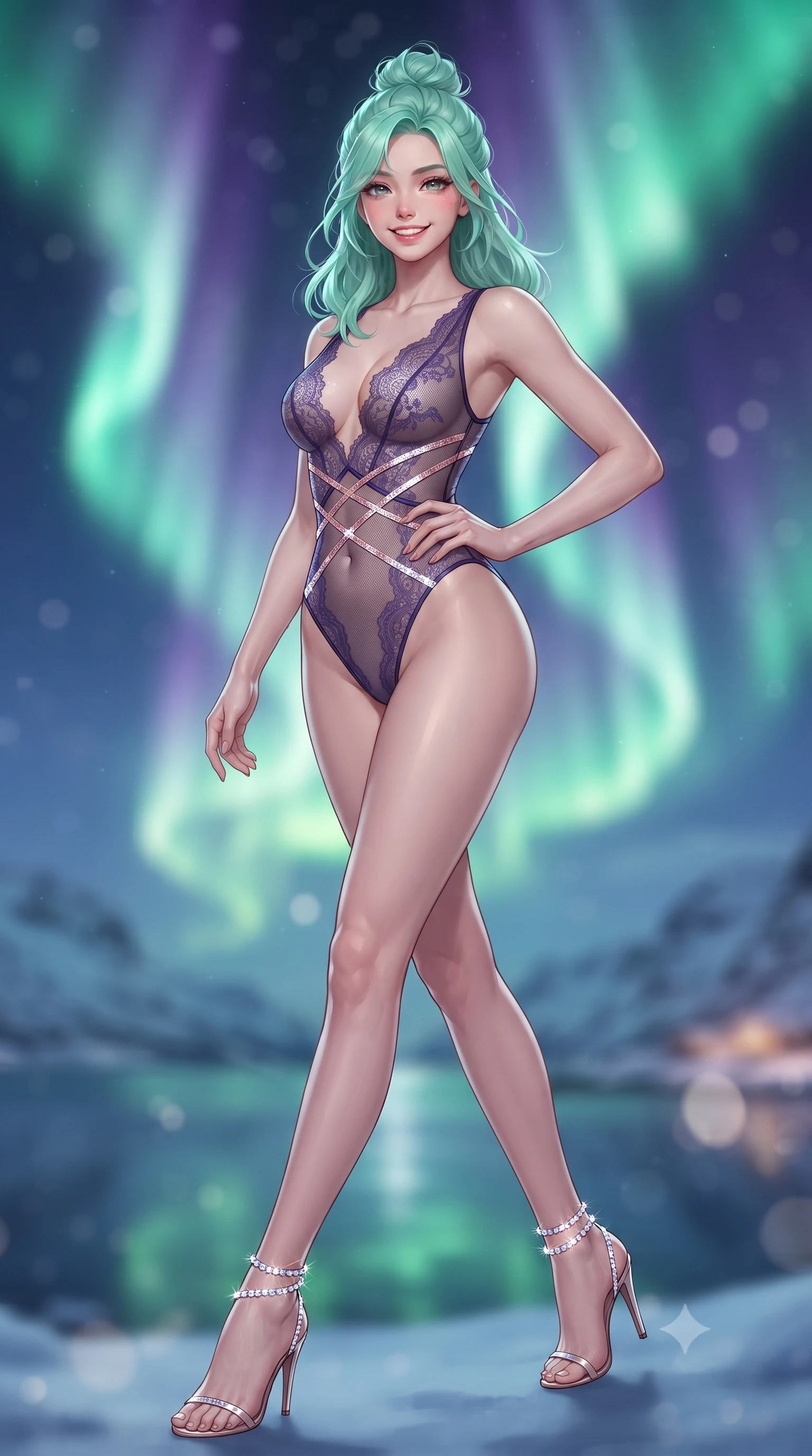 score_9, masterpiece, best quality, ultra-detailed, high-budget anime keyframe, editorial fashion photography, tasteful artistic composition, Japanese woman. low angle full-body shot from head to toe showing her feet, filling the entire 9:16 vertical frame with her statuesque presence, stretching her vertical silhouette. stepping forward in a confident stride, her long slender legs and curvaceous hips creating a dynamic, sweeping vertical line while lounging in the round cashmere-upholstered bed propped on one elbow, her statuesque 8.5-heads silhouette commanding the Arctic sky. The background shows a soft-focus swirling curtains of brilliant emerald and violet Aurora Borealis illuminating moonlit fjord waters and snowy peaks blurred into jade, amethyst, and silver bokeh. She has an exceptionally tall and slender model-like 8.5-heads proportion, an ultra-slim waist, a flat toned midriff, narrow delicate ribcage, and beautifully sculpted feminine hips creating a graceful, slim hourglass silhouette without any bulky heaviness, with impossibly long slender legs. sharp v-shaped jawline, high-bridge nose, intricate jewel-like sparkling eyes with depth, thick eyelashes, glossy parted lips with a natural peach sheen, bright cheerful beaming smile with an enchanting and coquettish sensual glint, exuding both youthful cute charm and seductive allure, flawlessly proportioned anatomical accuracy, strict slender model proportions, natural body alignment, perfectly sculpted long slender limbs, ultra-slim waistline, clean dynamic posture without body distortion. wearing a provocative plunging sheer micro-mesh leotard with criss-cross neon strap details across her flat midriff in orbital nebula violet and luminescent rose gold, made of delicate semi-sheer French Chantilly lace with intricate eyelash edges, complemented by strappy stiletto sandals with crystal ankle wraps accentuating her slender calves, the second-skin tailored fabric adhering flawlessly to her sculpted flat midriff and slender torso, emphasizing her long leg lines and perfectly proportioned willowy build. bathed in the ethereal 5000K emerald-cyan luminescence of the Northern Lights mixed with warm 2200K interior hearth glows. ultra-reflective glossy finish, specular highlights, rich textural contrasts, high-contrast stereoscopic depth, volumetric dynamic lighting, 2k, ultra detail, master piece, 9:16 ratio
