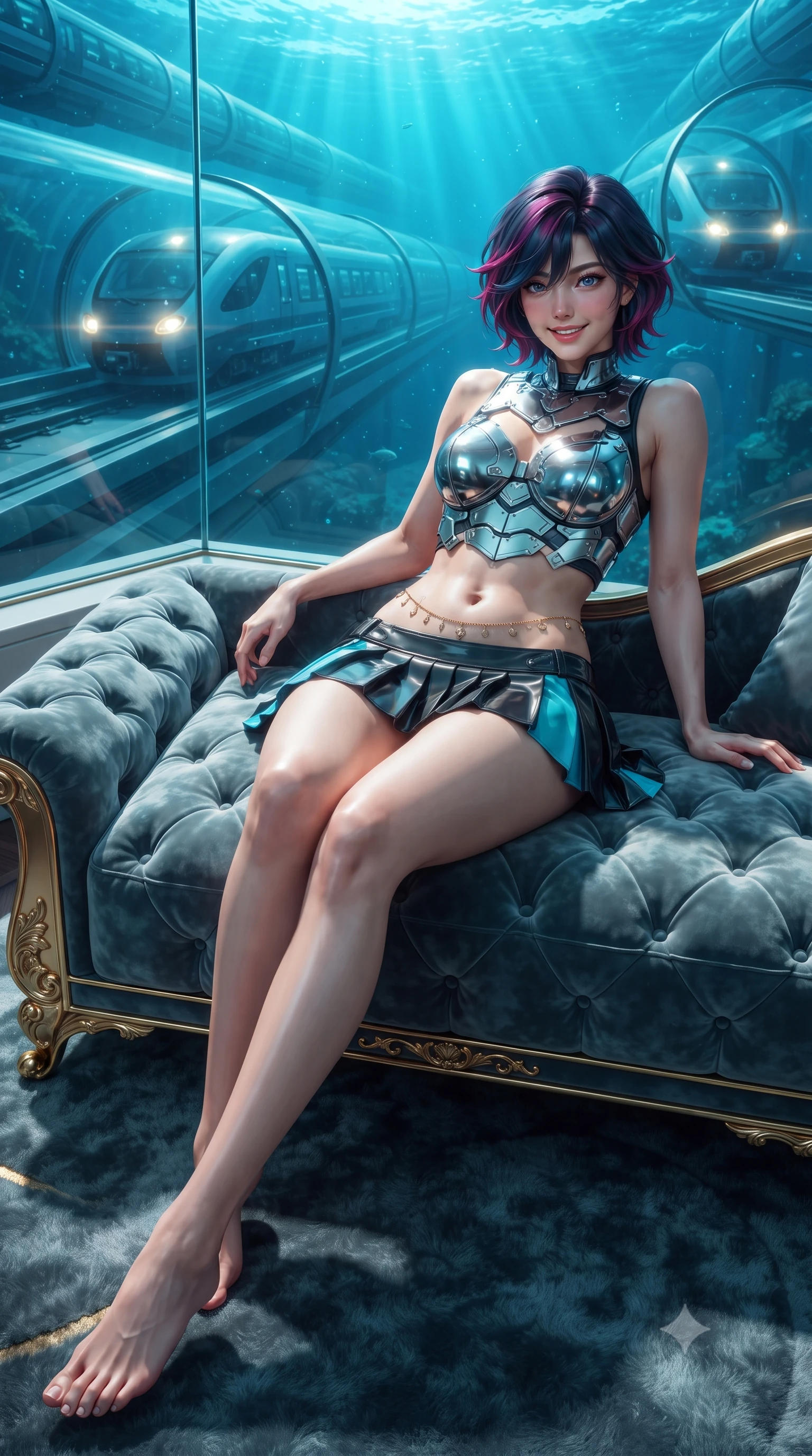 score_9, masterpiece, best quality, ultra-detailed, high-budget anime keyframe, editorial fashion photography, tasteful artistic composition, Korean woman. low angle full-body shot from head to toe showing her feet, filling the entire 9:16 vertical frame with her statuesque presence, stretching her vertical silhouette. lounging on the lavish daybed with legs crossed and hips angled toward the camera, displaying her toned midriff and long slender limbs with effortless siren poise while leaning against the frameless glass partition with hips cocked back, watching high-speed aquatic trains glide through transparent tubes with smoldering bedroom-eyes. The surrounding environment is rendered in vivid detail and crisp panoramic clarity: detailed garment drape, high-gloss second-skin fit, and world-class underwater infrastructure in high resolution. She has an exceptionally tall and slender model-like 8.5-heads proportion, an ultra-slim waist, a flat toned midriff, narrow delicate ribcage, and beautifully sculpted feminine hips creating a graceful, slim hourglass silhouette without any bulky heaviness, with impossibly long slender legs. sharp v-shaped jawline, high-bridge nose, intricate jewel-like sparkling eyes with depth, thick eyelashes, glossy parted lips with a natural peach sheen, bright cheerful beaming smile with an enchanting and coquettish sensual glint, exuding both youthful cute charm and seductive allure, flawlessly proportioned anatomical accuracy, strict slender model proportions, natural body alignment, perfectly sculpted long slender limbs, ultra-slim waistline, clean dynamic posture without body distortion. wearing a chrome-plated tactical combat bustier top with reinforced underwire paired with a low-rise pleated micro combat skirt in tactical obsidian black and high-voltage cyan, made of fluid liquid jersey with seamless sculpting hold and smooth contours, accented with a dainty gold belly chain resting across her flat midriff and curving hips, the bespoke structured tailoring following the natural line of her 8.5-heads silhouette with refined elegance. bathed in brilliant underwater cyan caustic ribbons combined with warm 2800K platform recessed downlights. ultra-reflective glossy finish, specular highlights, rich textural contrasts, high-contrast stereoscopic depth, volumetric dynamic lighting, 2k, ultra detail, master piece, 9:16 ratio