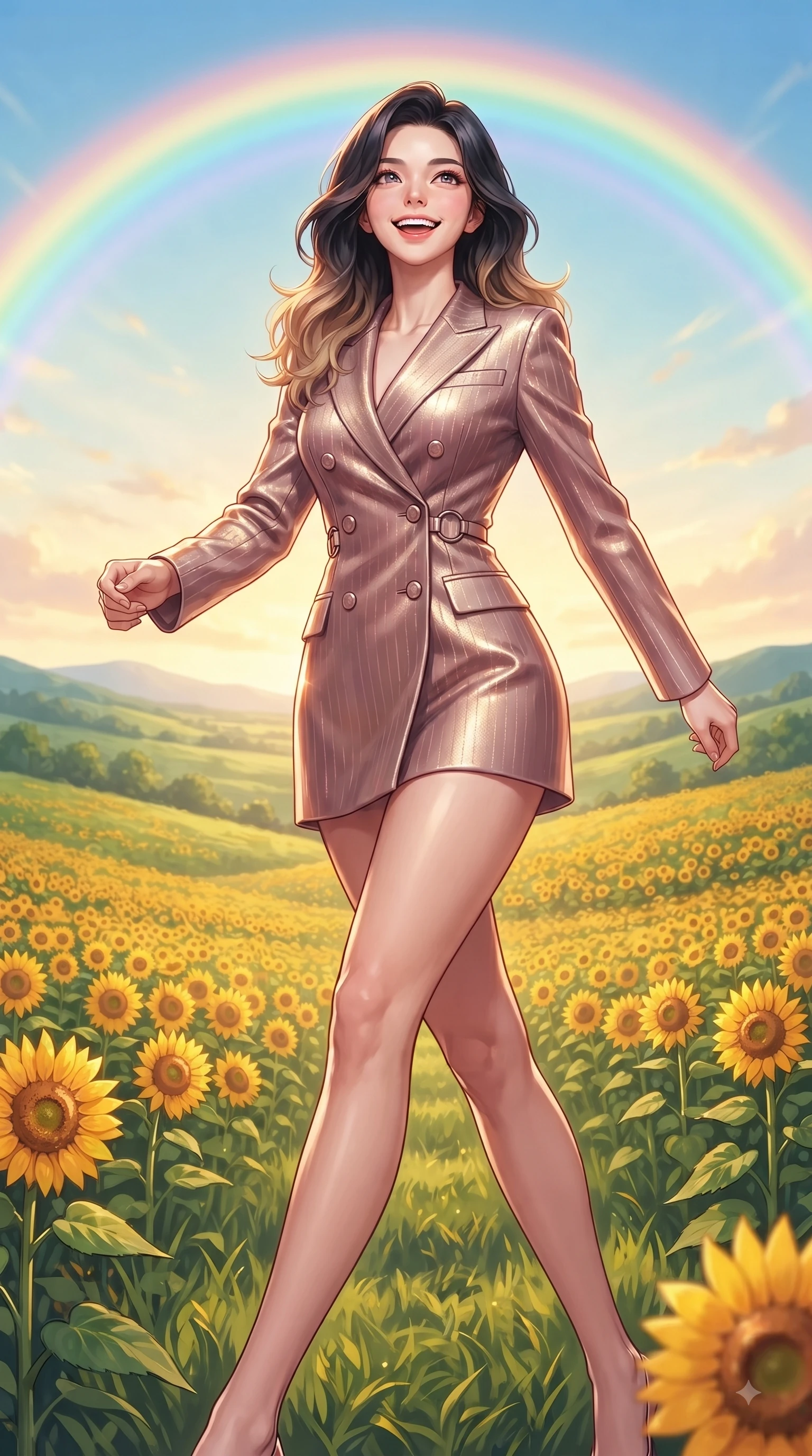 score_9, masterpiece, best quality, ultra-detailed, high-budget anime keyframe, editorial fashion photography, tasteful artistic composition, Korean woman. low angle full-body shot from head to toe showing her feet, filling the entire 9:16 vertical frame with her statuesque presence, stretching her vertical silhouette. stepping forward in a proud dynamic stride with a cheerful beaming smile, her vertical silhouette filling the frame while leaping with pure joy across a endless field of blooming golden sunflowers under a rainbow sky, a sweeping vista of rolling green hills glowing in warm bright sunlight. She has an absolutely perfect, statuesque 8.5-heads proportion, an exceptionally tall and slender model-like female figure with impossibly long slender legs and an ultra-slim waist. sharp v-shaped jawline, high-bridge nose, intricate jewel-like eyes with depth, thick eyelashes, glossy lips with a natural sheen, flawlessly proportioned anatomical accuracy, natural body alignment, perfectly sculpted elegant limbs, clean dynamic posture without body distortion. wearing a double-breasted blazer dress with subtle metallic pin-stripes in dusty rose and champagne gold, made of premium stretch velvet with a rich sheen, accented with delicate chrome ring hardware framing her waist, the form-contouring material highlighting her ultra-slim waist and long lines. surrounded by a vibrant, uplifting atmosphere filled with golden radiance. ultra-reflective glossy finish, specular highlights, metallic sheen, high-contrast stereoscopic depth, volumetric dynamic lighting, 2k, ultra detail, master piece, 9:16 ratio