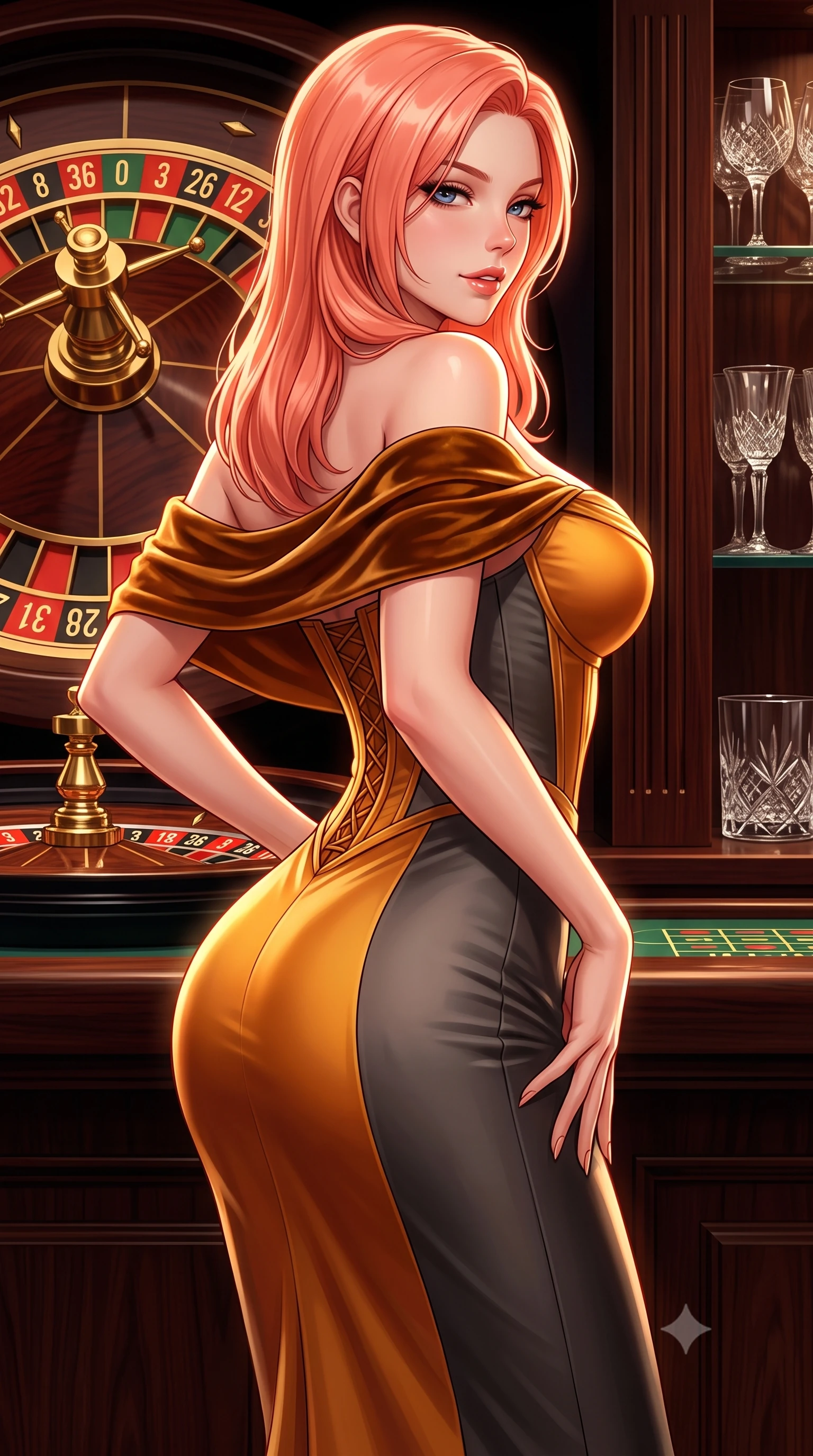 score_9, masterpiece, best quality, ultra-detailed, high-budget anime keyframe, semi-realistic 3D game render, editorial fashion photography, tasteful artistic composition, Japanese woman. close-up cowboy shot from the waist and thighs up, the character dominates the composition, filling the frame with her large presence. arching her spine backward with effortless dancer poise, one hand sliding along her hip line as directional light carves specular highlights along her silhouette while twisting her slender torso in a deep contrapposto stance beside the private casino bar, glancing over her shoulder with an audacious, teasing smirk. The surrounding environment is rendered in vivid detail and crisp panoramic clarity. sharp roulette wheel brass numerals, polished mahogany wood grain, and crystal glass facets in deep focus. She has an exceptionally elegant, slender, and willowy female figure with an ultra-slim waist, a gracefully sculpted slender torso, toned flat midriff, and rounded feminine hips creating an alluring hourglass silhouette. sharp v-shaped jawline, high-bridge nose, intricate jewel-like eyes with depth, thick eyelashes, glossy parted lips with a natural sheen, intensely captivating and seductive bedroom-eyes expression, flawlessly proportioned anatomical accuracy, strict slender model proportions, natural body alignment, perfectly sculpted long slender limbs, ultra-slim waistline, clean dynamic posture without body distortion. wearing a statuesque off-shoulder evening dress with a boned corset bodice and bodycon silhouette in molten amber-gold and dark gunmetal, tailored from fluid silk crepe with delicate inner corsetry boning, complemented by a plush silk velvet capelet draped loosely over her shoulders, the glove-like aerodynamic silhouette tightly following the natural contour of her hips and long slender legs with statuesque precision. surrounded by an elite, intoxicating, and irresistibly glamorous Monte Carlo heiress aura. highly saturated vibrant anime colors, detailed shading with soft gradients, rich glossy textures, high-contrast stereoscopic depth, volumetric dynamic lighting, master piece, 9:16 ratio