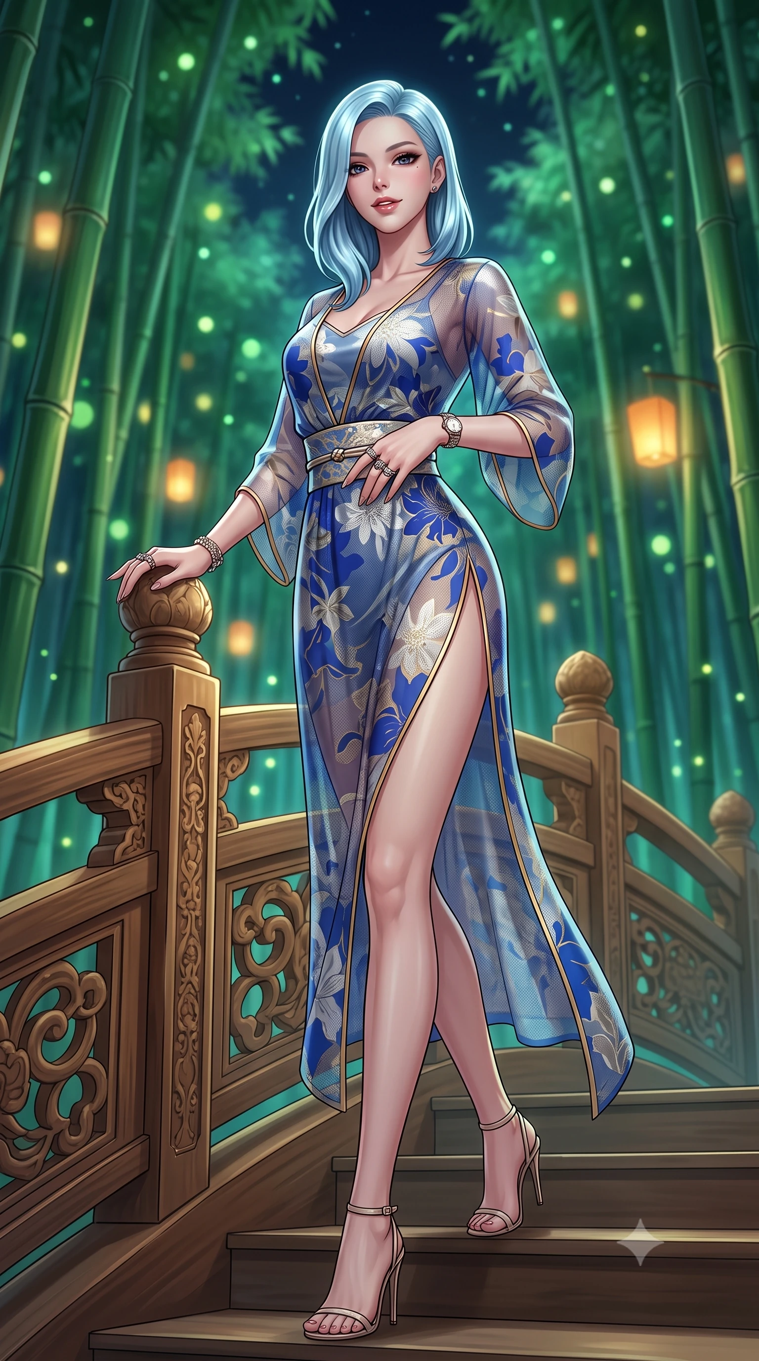 score_9, masterpiece, best quality, ultra-detailed, high-budget anime keyframe, semi-realistic 3D game render, editorial fashion photography, tasteful artistic composition, Korean woman. low angle full-body shot from head to toe showing her feet, filling the entire 9:16 vertical frame with her statuesque presence, stretching her vertical silhouette. standing in a tall, confident posture with one hand on the carved palace railing, stretching her statuesque body as she arches her lower back to emphasize her sculpted feminine hips and slender waist while pausing mid-stride with one hand touching her obi belt, her statuesque 8.5-heads silhouette commanding the ethereal bamboo cathedral. The background shows a soft-focus soaring emerald green bamboo groves reaching toward the midnight sky blurred into jade, chartreuse, and deep starlight bokeh. She has an absolutely perfect, statuesque 8.5-heads proportion, an exceptionally tall and slender model-like female figure with impossibly long slender legs, an ultra-slim waist, a flat toned midriff, narrow delicate ribcage, and beautifully sculpted feminine hips creating a graceful, slim hourglass silhouette without any bulky heaviness. sharp v-shaped jawline, high-bridge nose, intricate jewel-like dark sparkling almond eyes with depth, thick lashes, glossy parted lips with a natural rose-plum sheen, bright alluring and coquettish smile with bedroom-eyes, exuding both timeless oriental elegance and sovereign high-fashion allure, flawlessly proportioned anatomical accuracy, strict slender model proportions, natural body alignment, perfectly sculpted long slender limbs, ultra-slim waistline, clean dynamic posture without body distortion. wearing a delicate semi-sheer floral chiffon kaftan slip dress layered over a matching silk slip, accentuating her slender waist and hips in royal cobalt blue and starlight platinum, made of sheer technical micro-mesh with contouring shadow effects, finished with sharp laser-cut side hip slits framed by gold piping, the glove-like silhouette tightly following the natural contour of her hips and long slender legs with youthful 8.5-heads elegance. bathed in soft floating amber lantern light and cool moonlit emerald forest canopy fill. highly saturated vibrant anime colors, detailed shading with soft gradients, rich glossy textures, high-contrast stereoscopic depth, volumetric dynamic lighting, master piece, 9:16 ratio