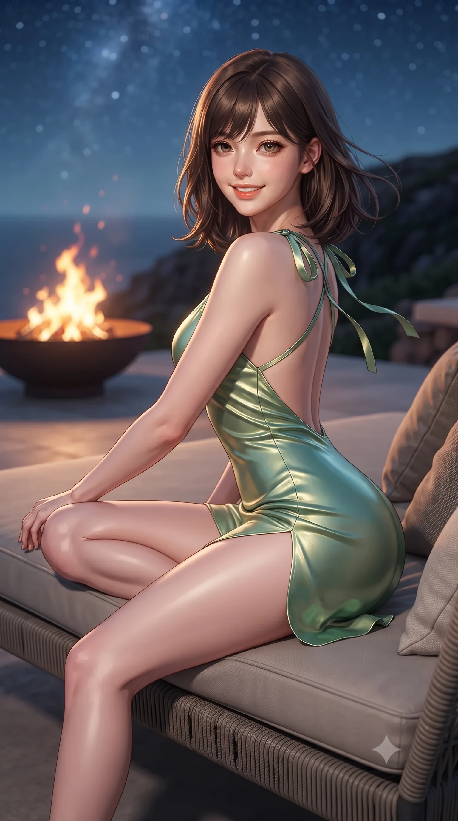 score_9, masterpiece, best quality, ultra-detailed, high-budget anime keyframe, editorial fashion photography, tasteful artistic composition, Korean woman. close-up cowboy shot from the waist and thighs up, the character dominates the composition, filling the frame with her large presence. perched sideways on the lounge seat, one knee drawn up to showcase her slender leg line while her arched back accentuates her feminine hip curve while lounging in the modern low-profile daybed propped on one elbow with legs extended, displaying her long slender limbs and statuesque hourglass silhouette against the peaks. The background shows a soft-focus dancing fire bowl flames softened in avant-garde Hebridean cliffside sanctuary shallow focus. She has an exceptionally elegant, slender, and willowy female figure with an ultra-slim waist, flat toned midriff, narrow ribcage, and sculpted feminine hips creating an alluring, slim hourglass silhouette without bulk. sharp v-shaped jawline, high-bridge nose, intricate jewel-like sparkling eyes with depth, thick eyelashes, glossy parted lips with a natural peach sheen, bright cheerful beaming smile with an enchanting and coquettish sensual glint, exuding both youthful cute charm and seductive allure, flawlessly proportioned anatomical accuracy, strict slender model proportions, natural body alignment, perfectly sculpted long slender limbs, ultra-slim waistline, clean dynamic posture without body distortion. wearing a backless liquid lamé mini dress with criss-cross spinal straps and daring side slit in Tulum jungle agave sage and copal resin gold, crafted from fluid liquid silk satin that clings smoothly to her narrow waist and rounded hips with a dewy sheen, finished with satin ribbon ties at the shoulders fluttering in the gentle breeze, the glove-like clinging cut tightly following the natural contour of her hips and long slender legs with youthful 8.5-heads elegance. bathed in the contrast of warm 2100K outdoor fire pit flames and brilliant unpolluted Dark Sky Reserve starlight. ultra-reflective glossy finish, specular highlights, rich textural contrasts, high-contrast stereoscopic depth, volumetric dynamic lighting, 2k, ultra detail, master piece, 9:16 ratio