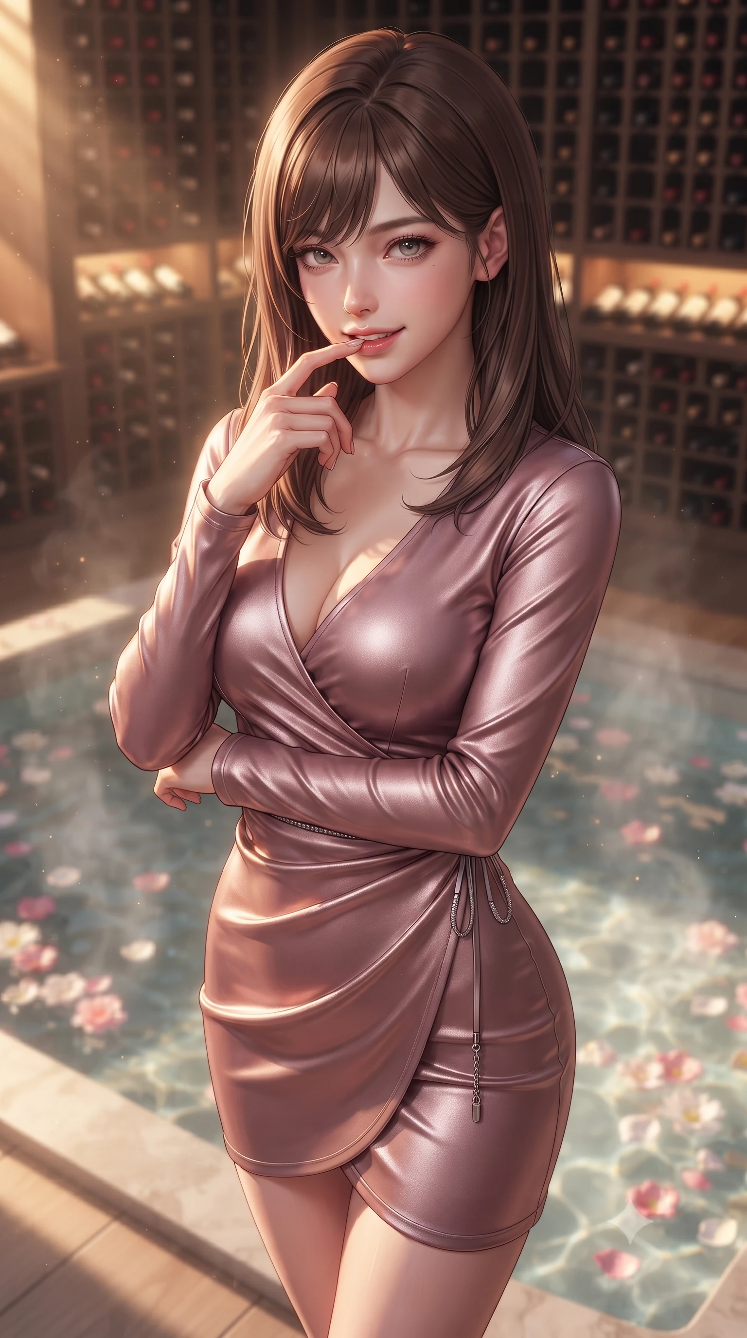 score_9, masterpiece, best quality, ultra-detailed, high-budget anime keyframe, editorial fashion photography, tasteful artistic composition, Korean woman. close-up cowboy shot from the waist and thighs up, the character dominates the composition, filling the frame with her large presence, background elements kept in soft focus. gently touching her lower lip with one finger, looking up at the viewer with a deeply charming, sultry smile set against a soft-focus background of inside an exclusive wine cellar alcove with rising mineral steam and floating flower petals on the clear water surface. She has an exceptionally elegant, slender, and willowy female figure with an ultra-slim waist, a gracefully sculpted slender torso, and a refined silhouette. sharp v-shaped jawline, high-bridge nose, intricate jewel-like eyes with depth, thick eyelashes, glossy lips with a natural sheen. wearing slim-fit dusty rose metallic jersey sleek long-sleeve silk wrap dress contouring her ultra-slim waist elegantly accented with delicate silver hardware. bathed in warm golden hour sunbeams that cast long, romantic shadows across the floor. highly saturated vibrant anime colors, detailed shading with soft gradients, rich glossy textures, high-contrast stereoscopic depth, volumetric dynamic lighting, master piece, 9:16 ratio