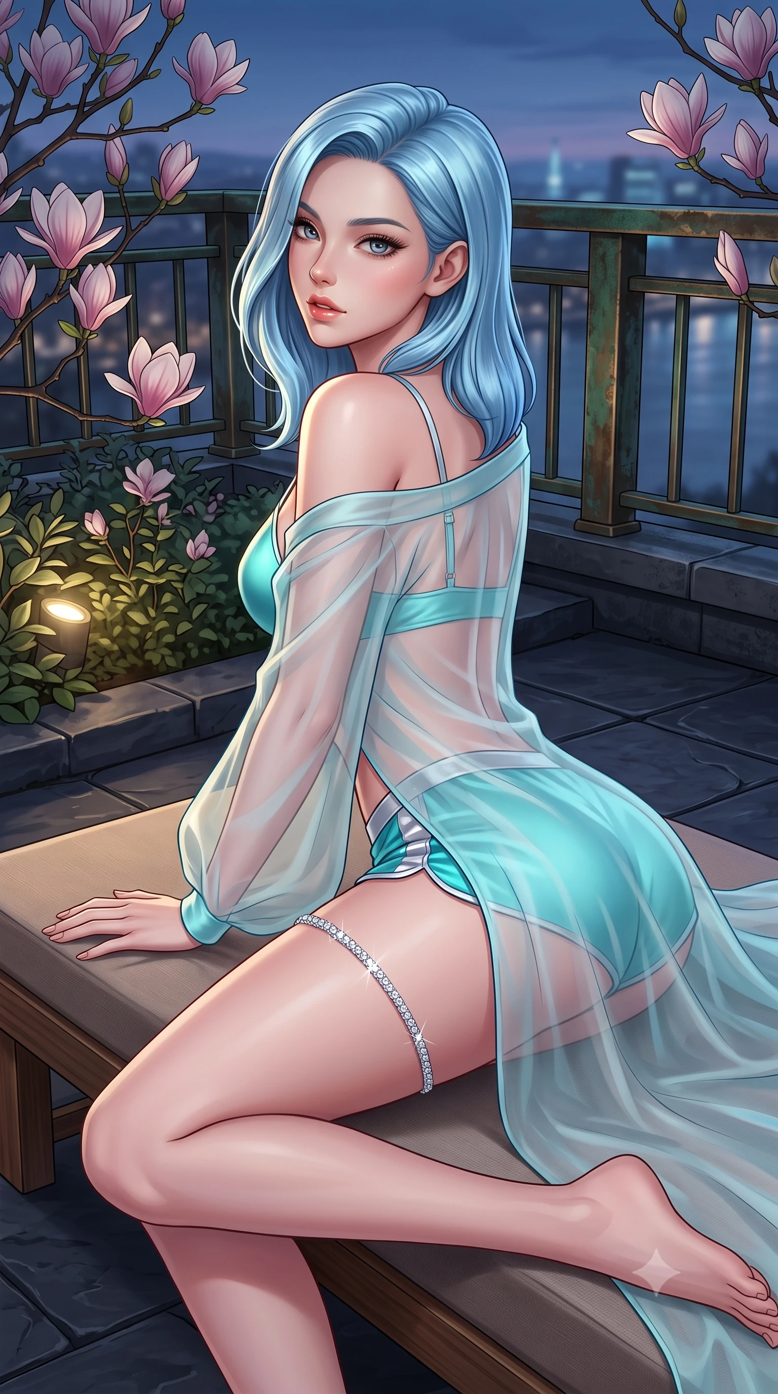 score_9, masterpiece, best quality, ultra-detailed, high-budget anime keyframe, semi-realistic 3D game render, editorial fashion photography, tasteful artistic composition, Korean woman. close-up cowboy shot from the waist and thighs up, the character dominates the composition, filling the frame with her large presence. posing in an alluring rear three-quarter angle, looking over a bare shoulder with parted glossy lips, her hips cocked back to highlight her slim hourglass curve while lounging across the low teak daybed propped on one hand, her long slender legs and flat midriff radiating effortless metropolitan siren elegance. The surrounding environment is rendered in vivid detail and crisp panoramic clarity: sharp magnolia flower petal veins, weathered bronze railing patina, and dark slate paver joints in deep focus. She has an exceptionally elegant, slender, and willowy female figure with an ultra-slim waist, flat toned midriff, narrow ribcage, and sculpted feminine hips creating an alluring, slim hourglass silhouette without bulk. sharp v-shaped jawline, high-bridge nose, sparkling eyes with hypnotic seductive depth, thick curled eyelashes, glossy parted lips with a natural dewy peach sheen, alluring bedroom-eyes with an enchanting coquettish smile, exuding magnetic siren charisma and sophisticated glamour, flawlessly proportioned anatomical accuracy, strict slender model proportions, natural body alignment, perfectly sculpted long slender limbs, ultra-slim waistline, clean dynamic posture without body distortion. wearing a sheer silk organza modern caftan robe worn loose and slipping off bare shoulders over a matching satin bralette and micro-shorts in bioluminescent neon teal and starlight silver, made of sheer gossamer chiffon that drapes softly against skin with airy translucence, finished with delicate crystal-encrusted thigh garter straps glinting in the dim light, the form-contouring silhouette accentuating her sculpted flat midriff, narrow delicate ribcage, and gracefully curvy hips with intoxicating allure. bathed in soft 2800K low-voltage garden ground spotlights highlighting magnolia branches mixed with cool river skyline glow. highly saturated vibrant anime colors, detailed shading with soft gradients, rich glossy textures, high-contrast stereoscopic depth, volumetric dynamic lighting, master piece, 9:16 ratio