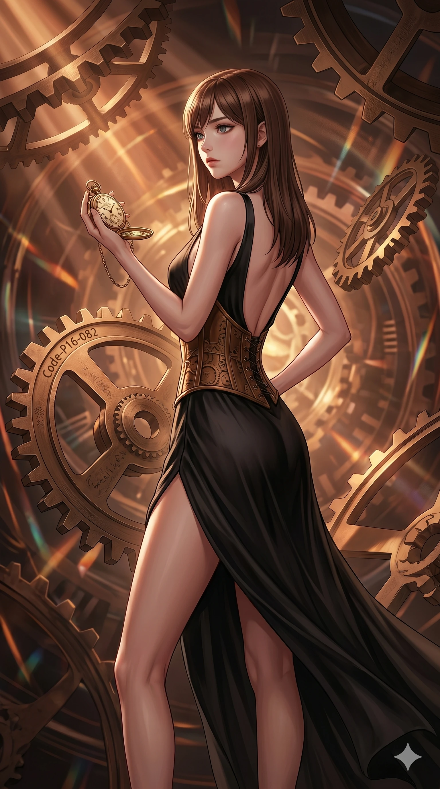 score_9, masterpiece, best quality, ultra-detailed, high-budget anime keyframe, editorial fashion photography, tasteful artistic composition, Korean woman. cowboy shot from the thighs up, character and outfit filling the frame for maximum editorial presence. holding a golden pocket watch, looking past the camera with a thoughtful, focused expression inside a temporal rift room with floating antique gears (Code-P16-082). She has an absolutely perfect 8-heads proportion, an exceptionally tall and slender female figure with impossibly long slender legs and an ultra-slim waist. V-shaped jawline, high-bridge nose, intricate jewel-like eyes with depth, thick eyelashes, glossy lips with a natural sheen. wearing a structured bronze gear corset over a black silk dress with a scooped open back. amber and copper light rays refracting through the gears, creating deep dramatic shadows. 2k, ultra detail, master piece, 9:16 ratio