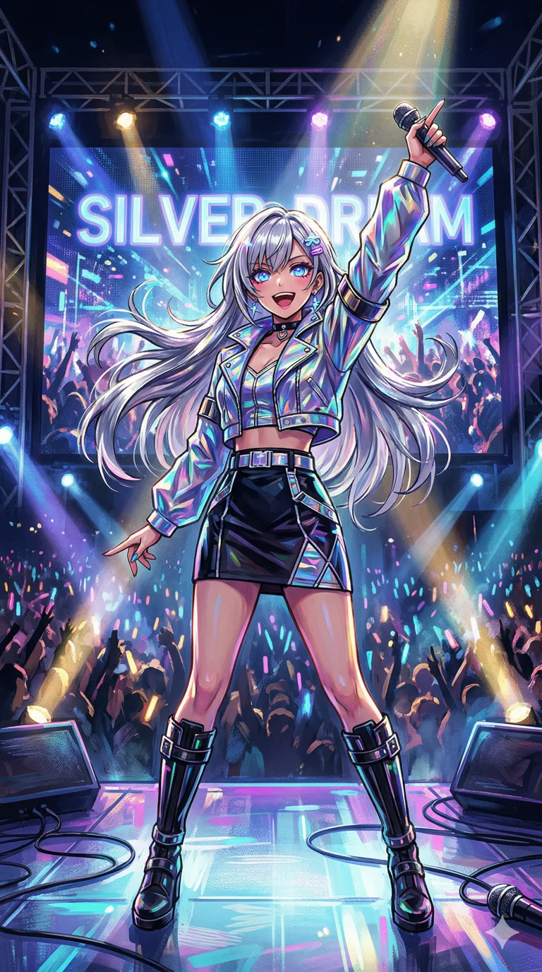 A post-impressionist expressionist manga-style female idol, 175 cm tall, with long silver hair and intensely highlighted, surreal, glowing teal-purple gradient eyes. She has an idol-style hairstyle with soft flowing layers and dramatic shine. Her outfit is an elegant yet stunning performance-inspired OOTD, including a cropped holographic jacket, a fitted skirt with metallic accents, and knee-high boots. The pose is confident, with a spotlight hitting her face. Behind her, a large LED screen on stage displays the words 'Silver Dream' in a futuristic font. 4k, ultra detail, master piece, 9:16 ratio 4k, ultra detail, master piece, 9:16 ratio