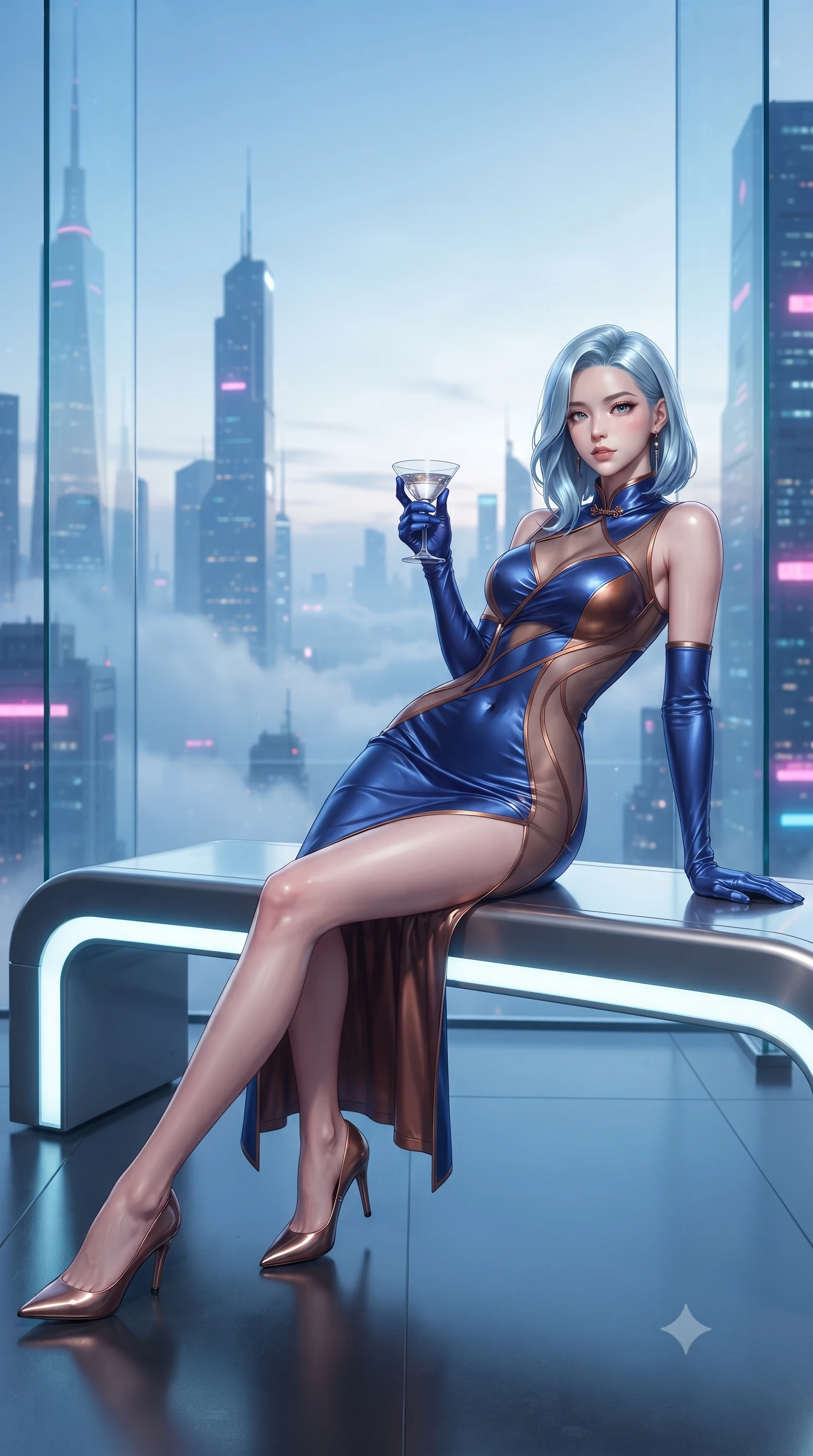 score_9, masterpiece, best quality, ultra-detailed, high-budget anime keyframe, editorial fashion photography, tasteful artistic composition, Korean woman. low angle full-body shot from head to toe showing her feet, filling the entire 9:16 vertical frame with her statuesque presence, stretching her vertical silhouette. striding forward in a proud supermodel runway stride, hips swaying in an alluring kinetic rhythm that accentuates her curvy hourglass silhouette while reclining gracefully along an illuminated smart-composite bench within the glass skybridge, arching her slender spine to display her curvaceous hips against the panoramic neon haze. The composition keeps background elements in soft focus with creamy bokeh. futuristic supertall skyscraper spires and passing cloud layers softened in sleek cyberpunk shallow focus. She has an exceptionally tall and slender model-like 8.5-heads proportion, an ultra-slim waist, a flat toned midriff, narrow delicate ribcage, and beautifully sculpted feminine hips creating a graceful, slim hourglass silhouette without any bulky heaviness, with impossibly long slender legs. sharp v-shaped jawline, high-bridge nose, intricate jewel-like eyes with depth, thick eyelashes, glossy parted lips with a natural sheen, intensely captivating and seductive bedroom-eyes expression, flawlessly proportioned anatomical accuracy, strict slender model proportions, natural body alignment, perfectly sculpted long slender limbs, ultra-slim waistline, clean dynamic posture without body distortion. wearing a wet-look silk fusion wrap dress with asymmetrical sheer mesh cutouts and high Mandarin collar in royal sapphire blue and liquid bronze, tailored from ultra-smooth duchess satin with a pearlescent sheen, accessorized with opera-length satin gloves and a vintage crystal glass, the second-skin form-contouring cut accentuating her sculpted flat midriff, narrow delicate ribcage, and gracefully curvy hips with supermodel precision. illuminated by wet specular glass bounce lights sculpting her razor-sharp jawline, narrow waist, and curvy hips. ultra-reflective glossy finish, specular highlights, rich textural contrasts, high-contrast stereoscopic depth, volumetric dynamic lighting, 2k, ultra detail, master piece, 9:16 ratio