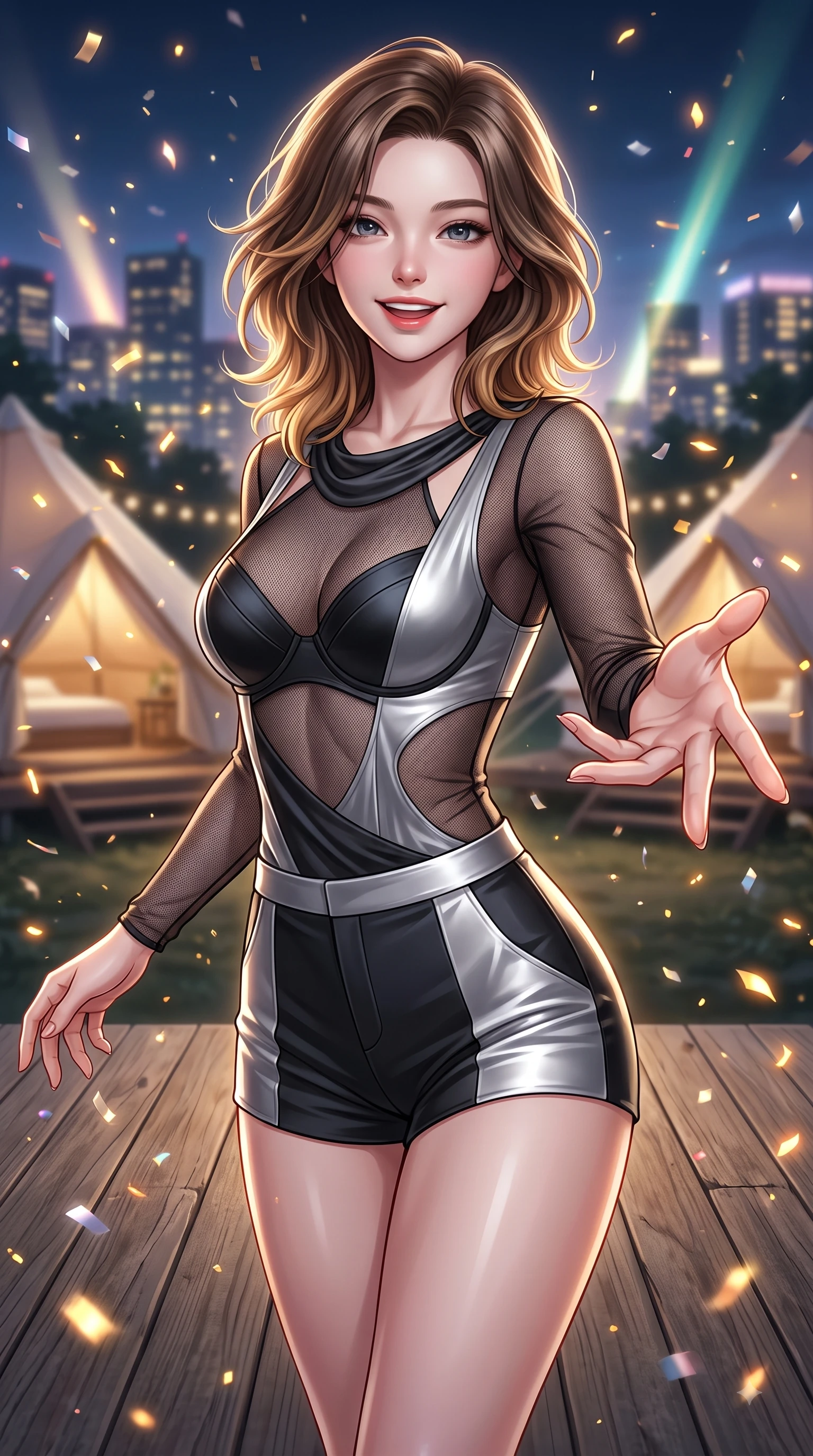 score_9, masterpiece, best quality, ultra-detailed, high-budget anime keyframe, editorial fashion photography, tasteful artistic composition, Korean woman. close-up cowboy shot from the waist and thighs up, the character dominates the composition, filling the frame with her large presence, background elements kept in soft focus. Cheerful beaming smile with parted lips, exuding pure enchanting charm while turning dynamically toward the camera while reaching her hand toward the camera while dancing on a wooden glamping terrace, sparkling confetti and golden embers drifting around her dynamic silhouette. She has an exceptionally elegant, slender, and willowy female figure with an ultra-slim waist, a gracefully sculpted slender torso, and a refined silhouette. sharp v-shaped jawline, high-bridge nose, intricate jewel-like eyes with depth, thick eyelashes, glossy lips with a natural sheen, flawlessly proportioned anatomical accuracy, natural body alignment, perfectly sculpted elegant limbs, clean dynamic posture without body distortion. wearing a delicate see-through mesh top with structured cup boning and micro-shorts in matte black and polished silver, crafted from smooth liquid silk, featuring clean architectural cutouts along her slender torso, the elegant draped fit framing her graceful clavicle and slender torso. illuminated by cheerful city skyline backlighting and vibrant rim lights. ultra-reflective glossy finish, specular highlights, metallic sheen, high-contrast stereoscopic depth, volumetric dynamic lighting, 2k, ultra detail, master piece, 9:16 ratio