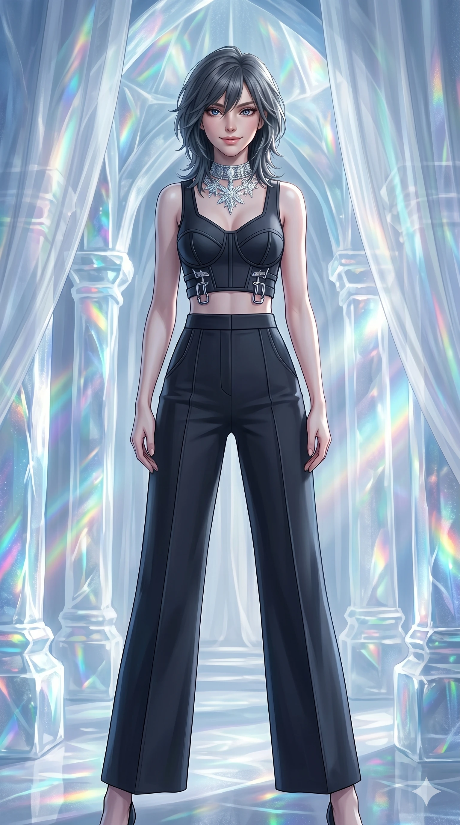 score_9, masterpiece, best quality, ultra-detailed, high-budget anime keyframe, editorial fashion photography, tasteful artistic composition, Caucasian woman, strictly human ears. cowboy shot from the thighs up, character and outfit filling the frame for maximum editorial presence. Smiling with quiet, magnetic self-assurance directly into the camera inside a cathedral carved from pure glacier ice with refracted rainbow light pouring through every surface. She has an absolutely perfect 8-heads proportion, an exceptionally tall and slender female figure with impossibly long slender legs and an ultra-slim waist. V-shaped jawline, high-bridge nose, intricate jewel-like eyes with depth, thick eyelashes, glossy lips with a natural sheen. wearing a structured neoprene editorial crop top with molded architectural panels and bold chrome hardware at the waist, paired with precision high-waist neoprene trousers with a clean wide-leg silhouette. bathed in cold silver moonlight filtered through translucent gossamer curtains casting soft shadows on her curves. 2k, ultra detail, master piece, 9:16 ratio