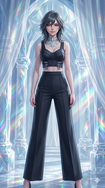 score_9, masterpiece, best quality, ultra-detailed, high-budget anime keyframe, editorial fashion photography, tasteful artistic composition, Caucasian woman, strictly human ears. cowboy shot from the thighs up, character and outfit filling the frame