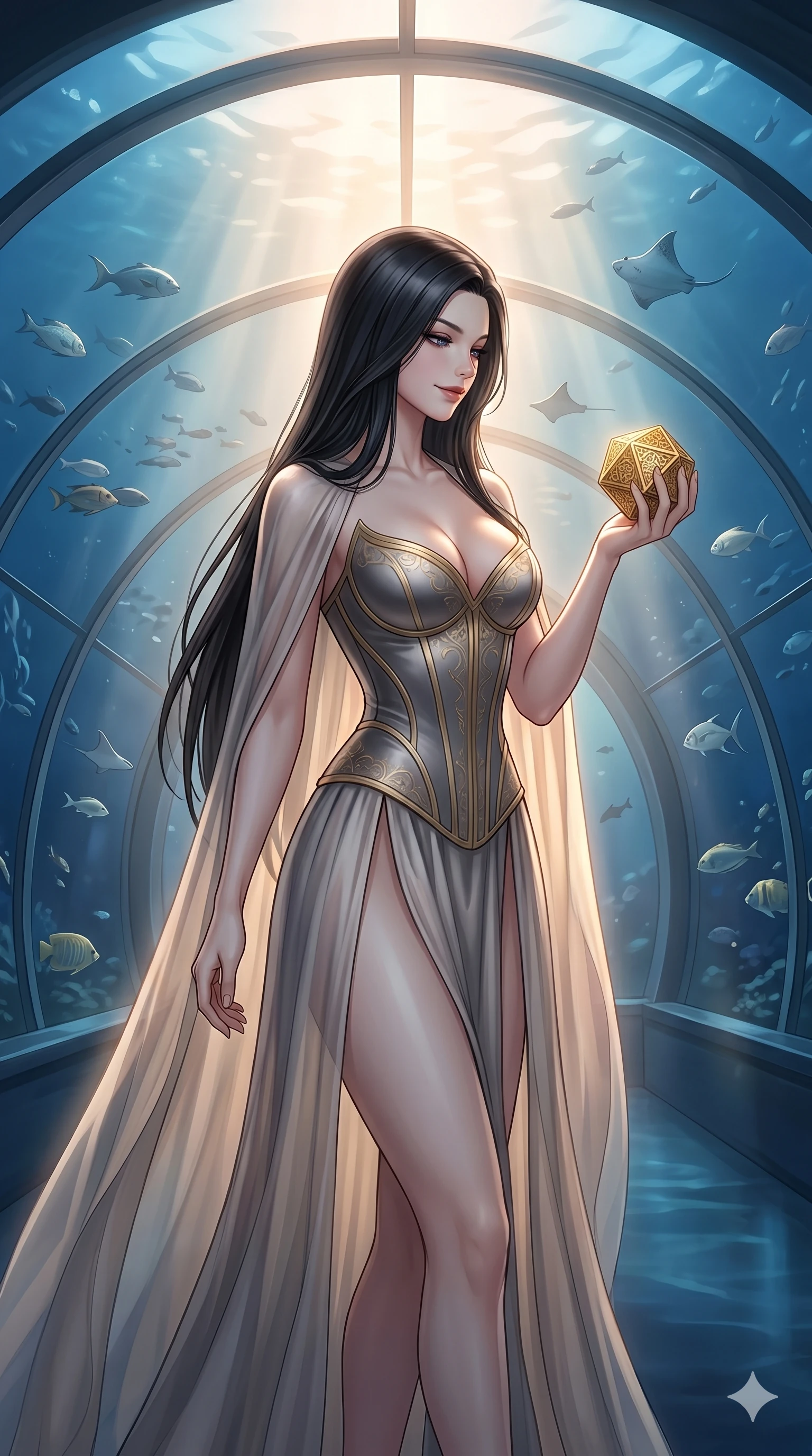 score_9, masterpiece, best quality, ultra-detailed, high-budget anime keyframe, editorial fashion photography, tasteful artistic composition, Korean woman. cowboy shot from the thighs up, character and outfit filling the frame for maximum editorial presence. holding a small golden polyhedron, looking down with a serene and powerful smile inside an underwater glass tunnel with fish (Code-P17-156). She has an absolutely perfect 8-heads proportion, an exceptionally tall and slender female figure with impossibly long slender legs and an ultra-slim waist. V-shaped jawline, high-bridge nose, intricate jewel-like eyes with depth, thick eyelashes, glossy lips with a natural sheen. wearing a structured satin corset showing her cleavage and a sheer cape. soft morning sunbeams filtering through the mist, creating a soft glowing aura. 2k, ultra detail, master piece, 9:16 ratio
