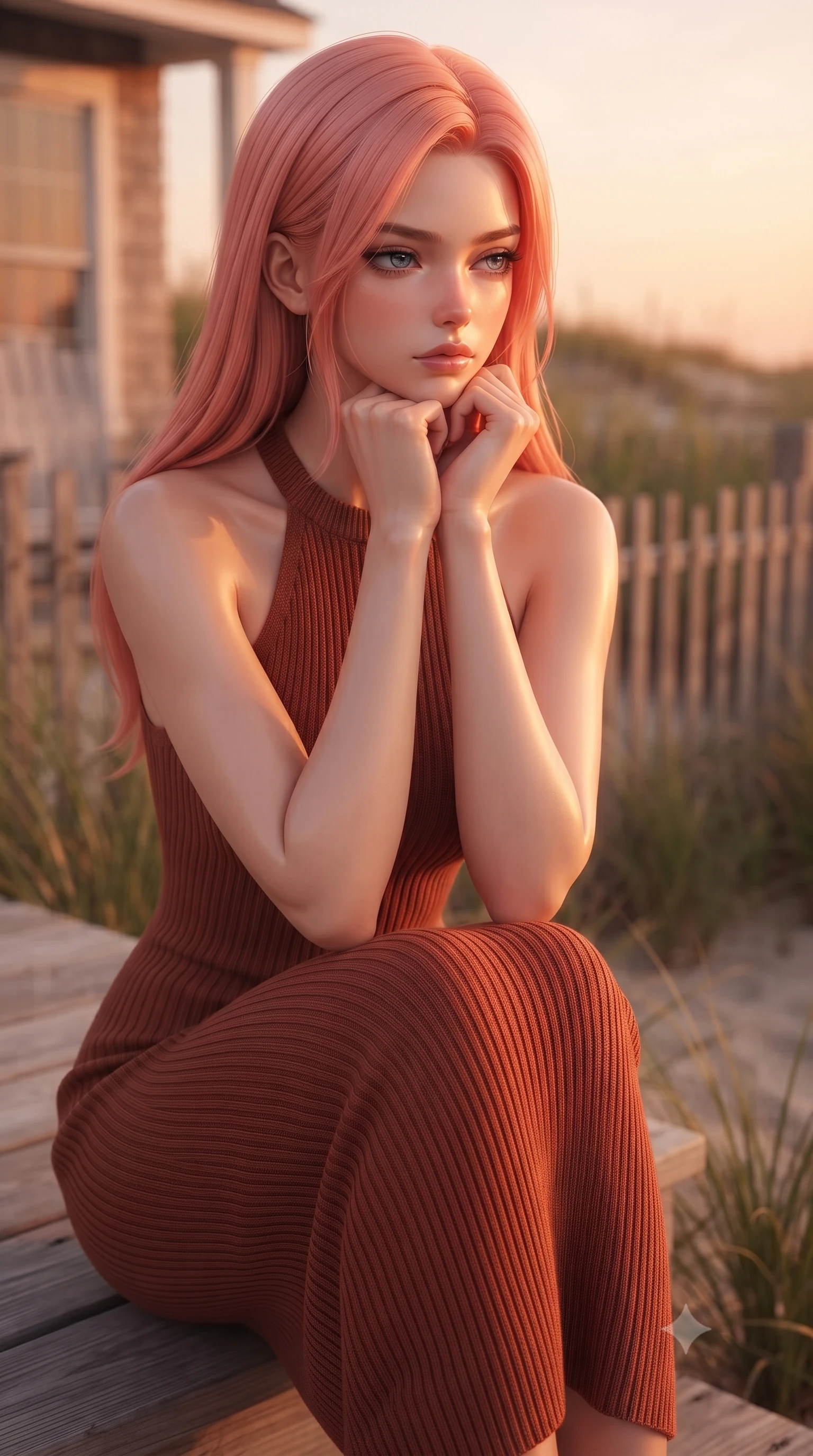 score_9, masterpiece, best quality, ultra-detailed, high-budget anime keyframe, editorial fashion photography, tasteful artistic composition, Japanese woman woman. close-up cowboy shot from the waist and thighs up, the character dominates the composition, filling the frame with her large presence, background elements kept in soft focus. resting her chin on the backs of her fingers, casting a heavy-lidded, sultry look past the camera the background shows a soft-focus a cozy wooden deck of a beachside cottage, surrounded by beachgrass and wooden fences. She has an exceptionally elegant, slender, and willowy female figure with an ultra-slim waist, a gracefully sculpted slender torso, and a refined silhouette. sharp v-shaped jawline, high-bridge nose, intricate jewel-like eyes with depth, thick eyelashes, glossy lips with a natural sheen. wearing a tailored form-contouring sleeveless ribbed knit halter midi dress in deep terracotta, tracing her willowy silhouette. warm sunset light casting a peaceful, cozy orange wash on her figure. ultra-reflective glossy finish, specular highlights, metallic sheen, high-contrast stereoscopic depth, volumetric dynamic lighting, 2k, ultra detail, master piece, 9:16 ratio