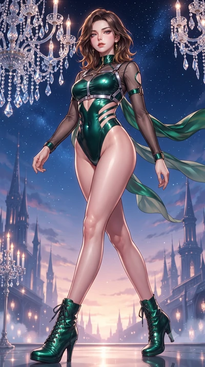 score_9, masterpiece, best quality, ultra-detailed, high-budget anime keyframe, editorial fashion photography, tasteful artistic composition, Korean woman. low angle full-body shot from head to toe showing her feet, filling the entire 9:16 vertical f