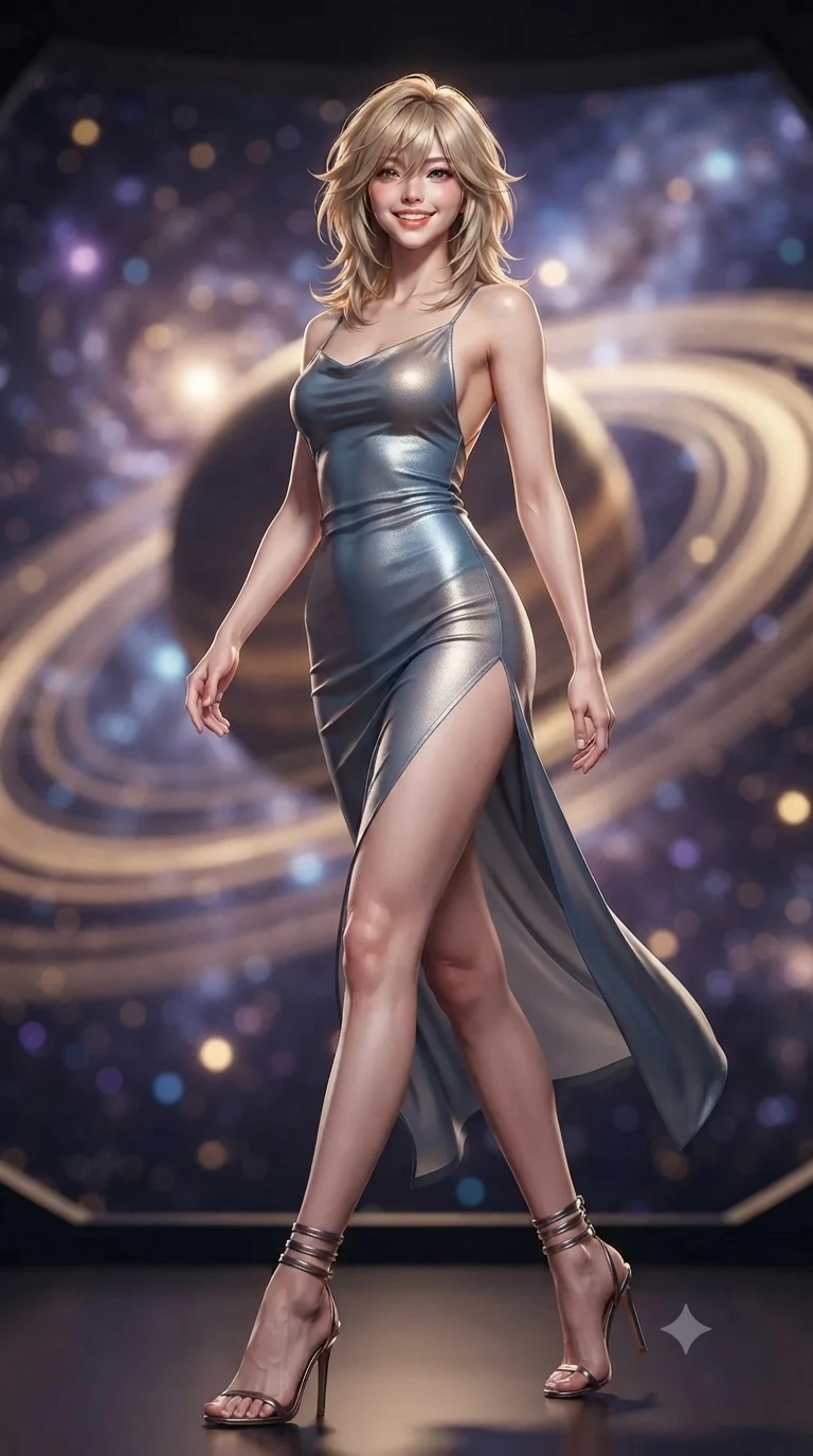 score_9, masterpiece, best quality, ultra-detailed, high-budget anime keyframe, editorial fashion photography, tasteful artistic composition, Japanese woman. low angle full-body shot from head to toe showing her feet, filling the entire 9:16 vertical frame with her statuesque presence, stretching her vertical silhouette. stepping forward in a confident stride, her long slender legs and curvaceous hips creating a dynamic, sweeping vertical line while lounging gracefully across the curved astronomical daybed propped on one elbow with legs extended, displaying her long slender limbs and statuesque hourglass silhouette. The background shows a soft-focus spinning concentric brass planetary rings, shimmering threads of liquid gold, and swirling galactic nebulae through the open dome blurred into violet, gold, and sapphire bokeh. She has an exceptionally tall and slender model-like 8.5-heads proportion, an ultra-slim waist, a flat toned midriff, narrow delicate ribcage, and beautifully sculpted feminine hips creating a graceful, slim hourglass silhouette without any bulky heaviness, with impossibly long slender legs. sharp v-shaped jawline, high-bridge nose, intricate jewel-like sparkling eyes with depth, thick eyelashes, glossy parted lips with a natural peach sheen, bright cheerful beaming smile with an enchanting and coquettish sensual glint, exuding both youthful cute charm and seductive allure, flawlessly proportioned anatomical accuracy, strict slender model proportions, natural body alignment, perfectly sculpted long slender limbs, ultra-slim waistline, clean dynamic posture without body distortion. wearing a form-contouring gossamer silk chiffon slip dress with a hip-high slit and open cowl back clinging with dewy moisture in slate blue and metallic silver, woven from fine semi-opaque stretch illusion mesh tracing her slender contours, complemented by strappy stiletto sandals with metallic ankle wraps accentuating her slender calves, the liquid-tight tailored fabric clinging flawlessly to her narrow waist and rounded feminine hips, emphasizing every millimeter of her sculpted slim hourglass curves without any bulky heaviness. illuminated by polished brass reflection bounce and sharp starlight-gold rim lights defining her razor-sharp jawline, narrow waist, and curvy hips. ultra-reflective glossy finish, specular highlights, rich textural contrasts, high-contrast stereoscopic depth, volumetric dynamic lighting, 2k, ultra detail, master piece, 9:16 ratio