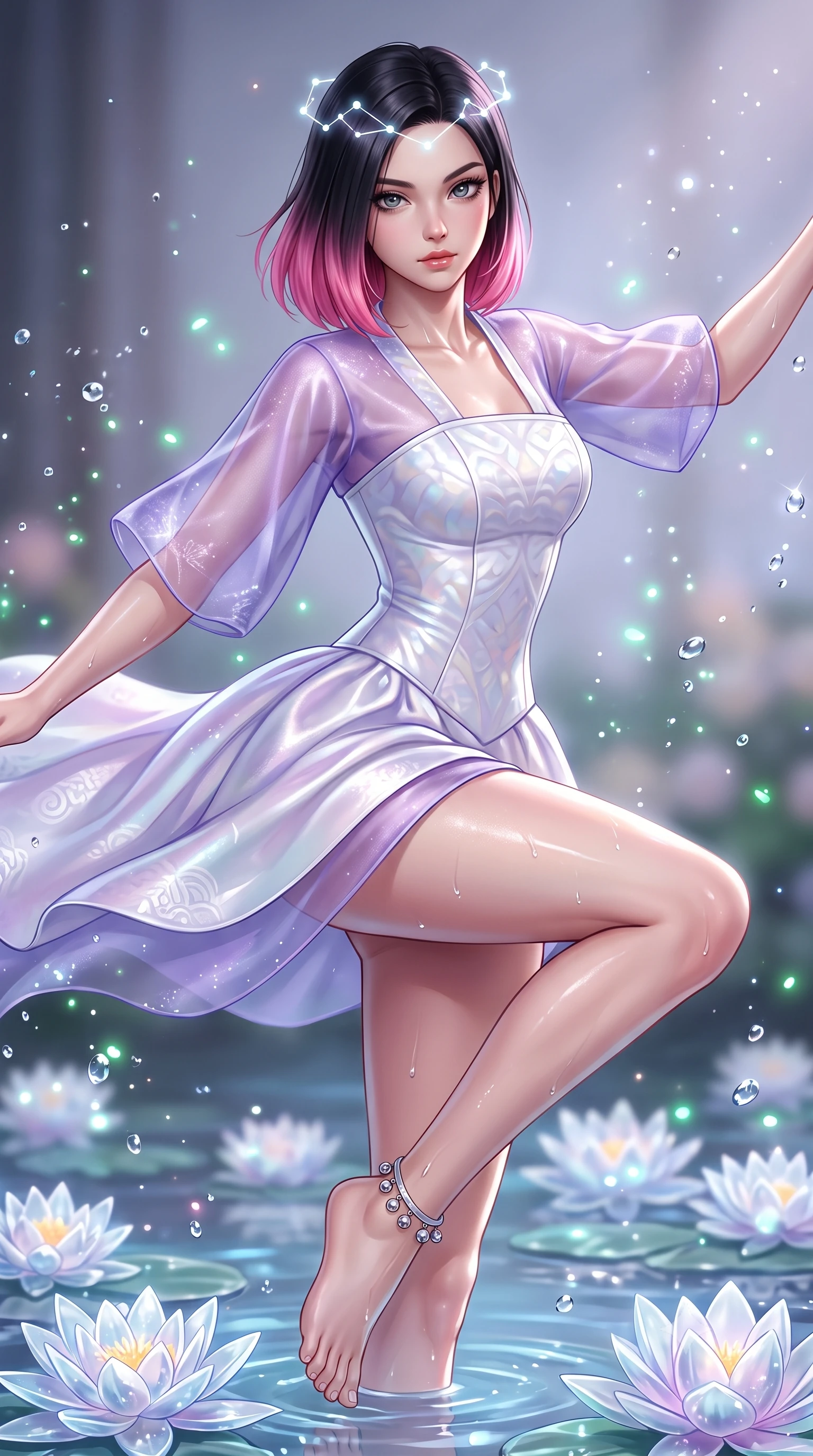 score_9, masterpiece, best quality, ultra-detailed, high-budget anime keyframe, semi-realistic 3D game render, editorial fashion photography, tasteful artistic composition, Korean woman. close-up cowboy shot from the waist and thighs up, the character dominates the composition, filling the frame with her large presence. radiating intense magnetic charisma with jewel-like eyes locked onto the viewer, her upper body turning in a dynamic, fluid S-curve while stepping lightly across floating crystal water lilies that chime with soft musical tones under her feet. The composition keeps background elements in soft focus with creamy bokeh. sparkling water droplets and glowing jade micro-particles scattering luminous light motes. She has an exceptionally elegant, slender, and willowy female figure with an ultra-slim waist, a gracefully sculpted slender torso, toned flat midriff, and a refined slim silhouette. sharp v-shaped jawline, high-bridge nose, intricate jewel-like eyes with depth, thick eyelashes, glossy lips with a natural sheen, captivating and magnetic expression, flawlessly proportioned anatomical accuracy, strict slender model proportions, natural body alignment, perfectly sculpted long slender limbs, ultra-slim waistline, clean dynamic posture without body distortion. wearing a modern fusion silk hanbok dress with sheer organza butterfly sleeves and a structured mother-of-pearl bodice in celestial opal white and stardust violet, crafted from traditional Korean gossamer silk organza with pearlescent luster, accented with dainty silver ankle bells and a glowing constellation circlet, the liquid-tight tailored fabric emphasizing every curve of her tall, slender model proportions and sculptured silhouette during dynamic movement. illuminated by wet reflective highlights defining her sculpted neck, waistline, and slender legs. highly saturated vibrant anime colors, detailed shading with soft gradients, rich glossy textures, high-contrast stereoscopic depth, volumetric dynamic lighting, master piece, 9:16 ratio