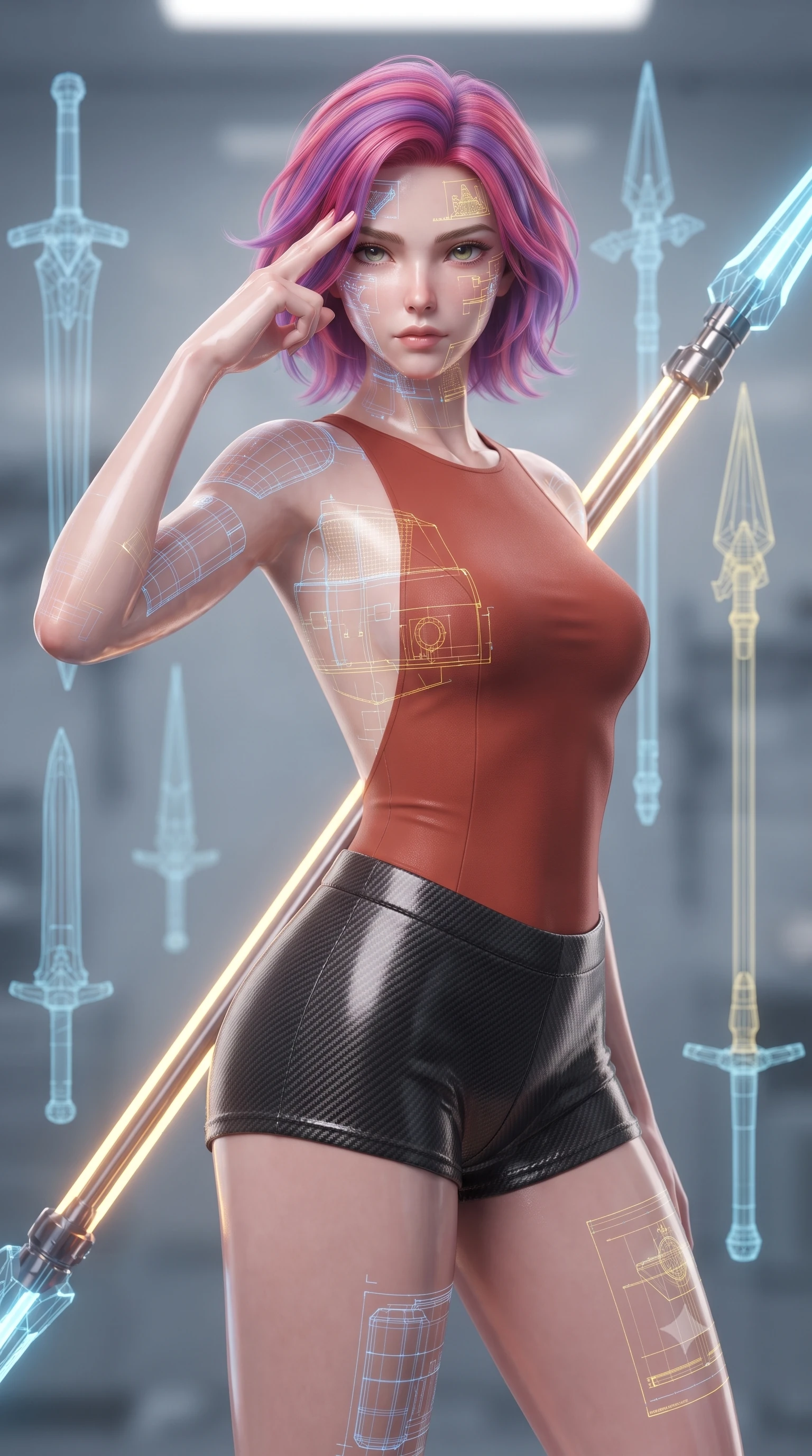 score_9, masterpiece, best quality, ultra-detailed, high-budget anime keyframe, editorial fashion photography, tasteful artistic composition, Caucasian woman. close-up cowboy shot from the waist and thighs up, the character dominates the composition, filling the frame with her large presence, background elements kept in soft focus. pressing two fingers to her temple while holding a light-spear diagonally behind her in a composed thoughtful gesture, the background shows a soft-focus a nanotech armory with floating wireframe models of swords and spears. She has an exceptionally elegant, slender, and willowy female figure with an ultra-slim waist, a gracefully sculpted slender torso, and a refined silhouette. sharp v-shaped jawline, high-bridge nose, intricate jewel-like eyes with depth, thick eyelashes, glossy lips with a natural sheen. wearing a form-contouring backless combat top in terracotta red, paired with carbon-fiber micro-shorts. soft blue and yellow wireframe holograms casting delicate geometric patterns on her. ultra-reflective glossy finish, specular highlights, metallic sheen, high-contrast stereoscopic depth, volumetric dynamic lighting, 2k, ultra detail, master piece, 9:16 ratio
