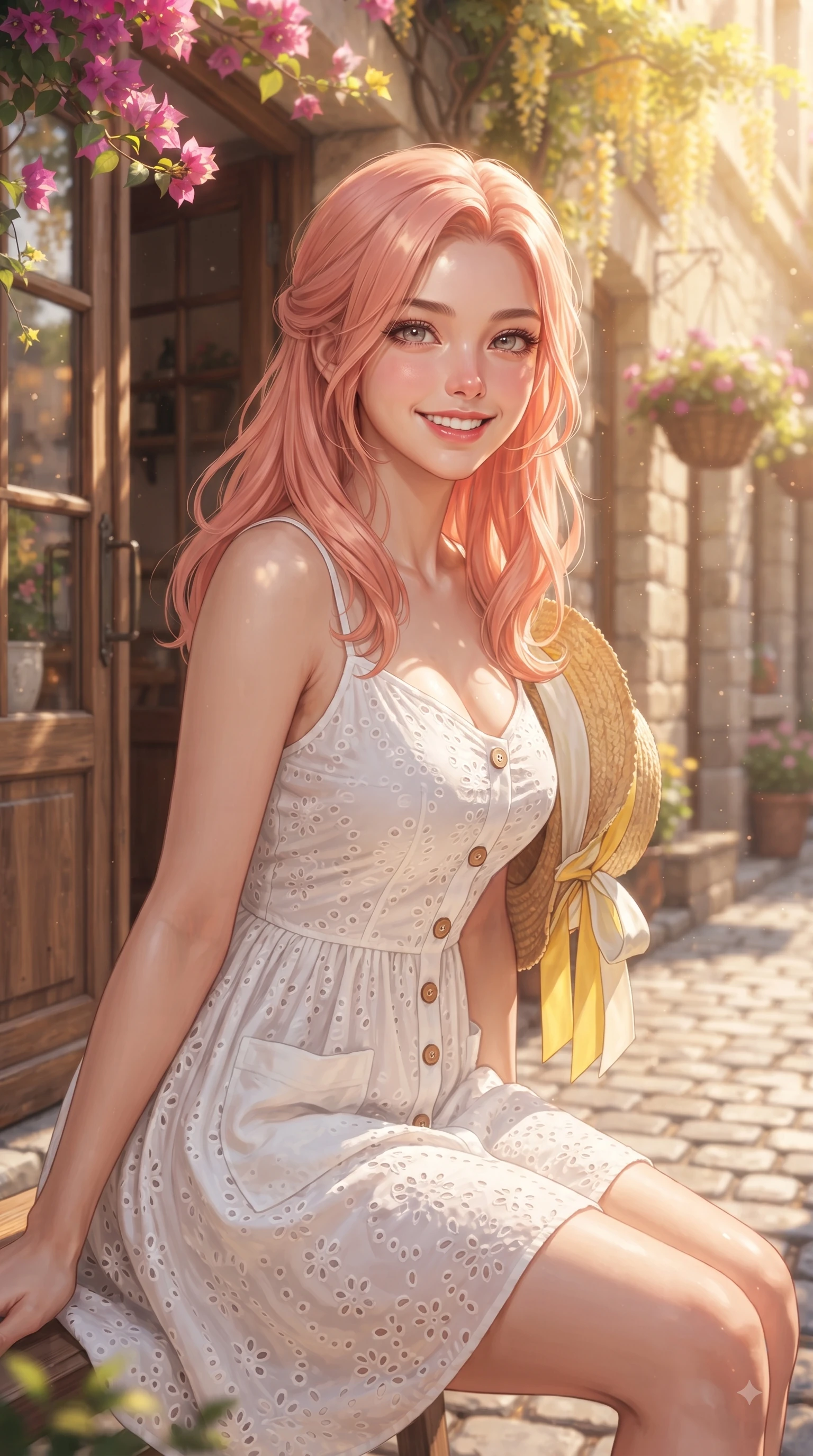 score_9, masterpiece, best quality, ultra-detailed, high-budget anime keyframe, editorial fashion photography, tasteful artistic composition, Japanese woman. close-up cowboy shot from the waist and thighs up, the character dominates the composition, filling the frame with her large presence. Radiant youthful grin reflecting girlhood charm while casting a playful, joyful side-gaze with heavy lashes while resting near a sun-drenched cafe entrance while looking at the camera with a warm, sweet expression. The composition keeps background elements in soft focus with dreamy bokeh. charming European cobblestone facades and hanging flower baskets softened by shallow depth of field. She has an exceptionally elegant, slender, and willowy female figure with an ultra-slim waist, a gracefully sculpted slender torso, and a refined silhouette. sharp v-shaped jawline, high-bridge nose, intricate jewel-like eyes with depth, thick eyelashes, glossy lips with a natural sheen, flawlessly proportioned anatomical accuracy, natural body alignment, perfectly sculpted elegant limbs, clean dynamic posture without body distortion. wearing an airy white eyelet lace sundress with a woven straw hat motif in bright butter yellow and fresh cream white, made of fine lightweight chiffon that flutters gently in the breeze, finished with neat front wooden buttons and pocket details, the soft airy drape swaying gracefully with her dynamic movements. illuminated by gentle sunbeams streaming through blooming flower branches. ultra-reflective glossy finish, specular highlights, metallic sheen, high-contrast stereoscopic depth, volumetric dynamic lighting, 2k, ultra detail, master piece, 9:16 ratio