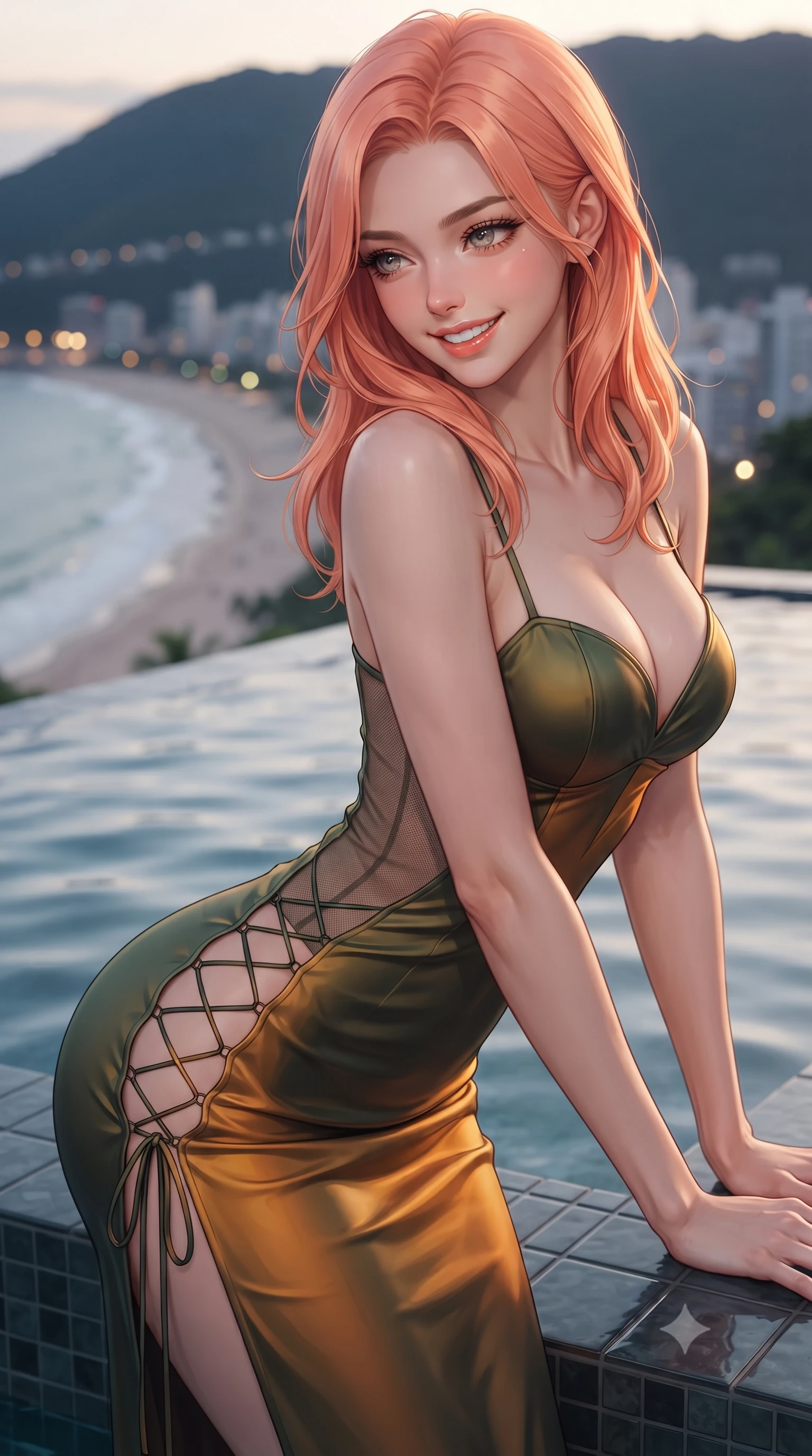 score_9, masterpiece, best quality, ultra-detailed, high-budget anime keyframe, editorial fashion photography, tasteful artistic composition, Japanese woman. close-up cowboy shot from the waist and thighs up, the character dominates the composition, filling the frame with her large presence. leaning forward while arching her lower back to accentuate her curvy hips, looking into the camera with an intoxicating smoldering gaze and bedroom-eyes while leaning against the infinity pool edge with hips cocked back, looking down at the crescent beach and twinkling lights of Camps Bay with smoldering bedroom-eyes. The background shows a soft-focus gentle infinity pool overflow ripples softened in exclusive mountain aerie shallow focus. She has an exceptionally elegant, slender, and willowy female figure with an ultra-slim waist, flat toned midriff, narrow ribcage, and sculpted feminine hips creating an alluring, slim hourglass silhouette without bulk. sharp v-shaped jawline, high-bridge nose, intricate jewel-like sparkling eyes with depth, thick eyelashes, glossy parted lips with a natural peach sheen, bright cheerful beaming smile with an enchanting and coquettish sensual glint, exuding both youthful cute charm and seductive allure, flawlessly proportioned anatomical accuracy, strict slender model proportions, natural body alignment, perfectly sculpted long slender limbs, ultra-slim waistline, clean dynamic posture without body distortion. wearing an alluring plunging sweetheart bustier dress with sheer mesh side-waist cutouts contouring her ribs in Tuscan cypress dark olive and sunset amber gold, crafted from fluid liquid silk satin that clings smoothly to her narrow waist and rounded hips with a dewy sheen, featuring fine criss-cross lace-up side ties revealing tantalizing glimpses of her hip curve, the second-skin tailored fabric adhering flawlessly to her sculpted flat midriff and slender torso, emphasizing her long leg lines and perfectly proportioned willowy build. illuminated by water surface specular bounce and sharp gold-cyan dual rim lights defining her razor-sharp jawline, narrow waist, and curvy hips. ultra-reflective glossy finish, specular highlights, rich textural contrasts, high-contrast stereoscopic depth, volumetric dynamic lighting, 2k, ultra detail, master piece, 9:16 ratio