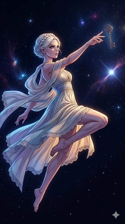 score_9, masterpiece, best quality, ultra-detailed, high-budget anime movie keyframe, cinematic anime lighting, intricate line art, Japanese woman. Mid-air action shot capturing a graceful twist and vertical silhouette. reaching for a key that is flo