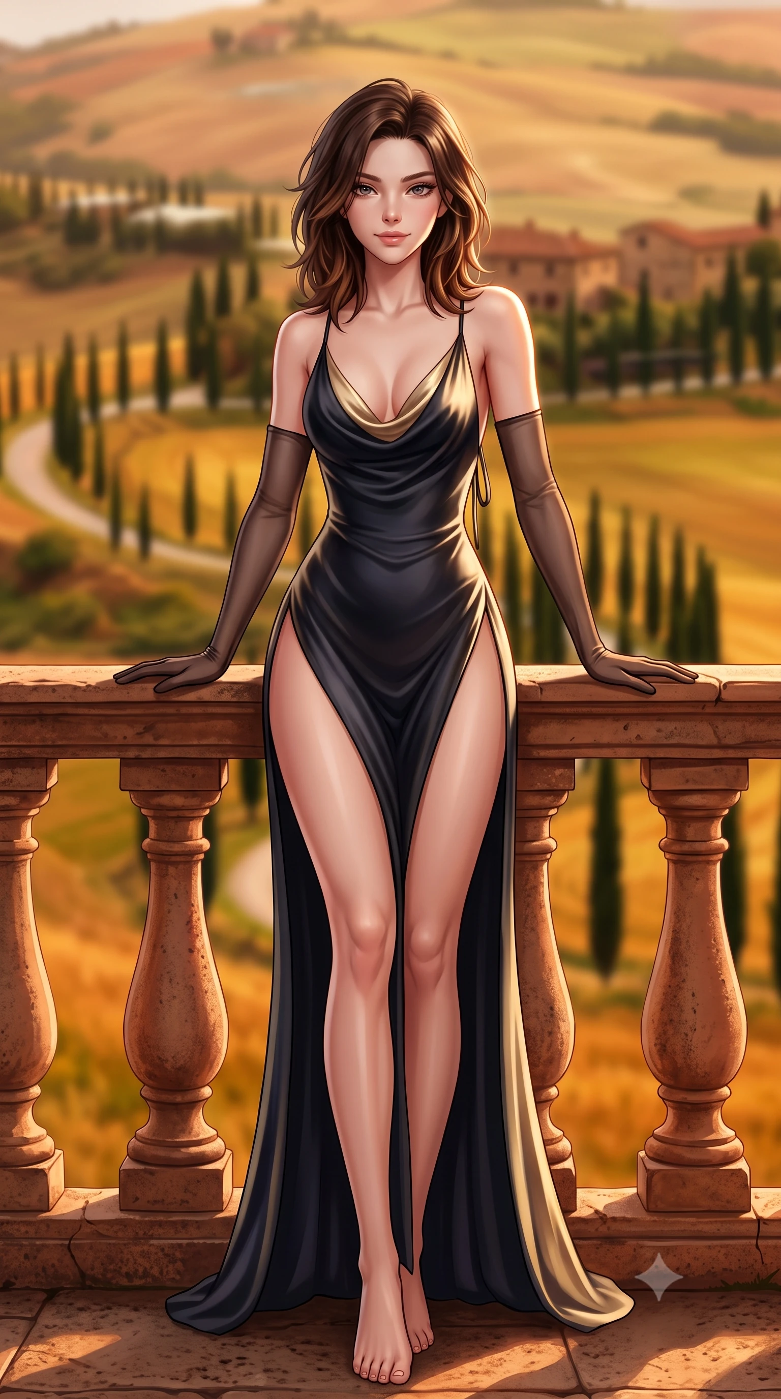 score_9, masterpiece, best quality, ultra-detailed, high-budget anime keyframe, semi-realistic 3D game render, editorial fashion photography, tasteful artistic composition, Korean woman. low angle full-body shot from head to toe showing her feet, filling the entire 9:16 vertical frame with her statuesque presence, stretching her vertical silhouette. leaning deep against the balcony balustrade with hips cocked back in an unapologetically alluring high-fashion stance, casting an intoxicating glance while leaning back against the terracotta urn with hips cocked back, looking into the camera with an intoxicating, heavy-lidded bedroom-gaze. The background shows a soft-focus rolling golden hills of Val d'Orcia, winding rows of dark green cypress trees, and ancient stone farmhouses blurred into amber, terracotta, and olive-gold bokeh. She has an absolutely perfect, statuesque 8.5-heads proportion, an exceptionally tall and slender model-like female figure with impossibly long slender legs, an ultra-slim waist, a flat toned midriff, narrow delicate ribcage, and beautifully sculpted feminine hips creating a graceful, slim hourglass silhouette without any bulky heaviness. sharp v-shaped jawline, high-bridge nose, sparkling eyes with hypnotic seductive depth, thick curled eyelashes, glossy parted lips with a natural dewy peach sheen, alluring bedroom-eyes with an enchanting coquettish smile, exuding magnetic siren charisma and sophisticated glamour, flawlessly proportioned anatomical accuracy, strict slender model proportions, natural body alignment, perfectly sculpted long slender limbs, ultra-slim waistline, clean dynamic posture without body distortion. wearing a plunging cowl-neck liquid cashmere-silk slip gown with daring hip-high double slits and delicate back ties in midnight obsidian black and liquid champagne gold, made of semi-opaque stretch illusion mesh with soft shadowy contours, complemented by sheer opera-length evening gloves tracing her slender arms, the glove-like clinging cut tightly following the natural contour of her hips and long slender legs with youthful 8.5-heads elegance. illuminated by terracotta floor bounce and sharp molten-bronze rim lights sculpting her razor-sharp jawline, narrow waist, and curvy hips. highly saturated vibrant anime colors, detailed shading with soft gradients, rich glossy textures, high-contrast stereoscopic depth, volumetric dynamic lighting, master piece, 9:16 ratio