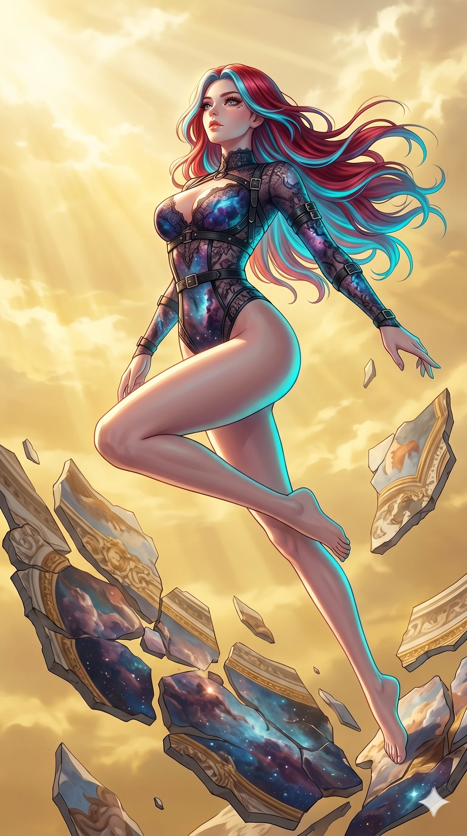 score_9, masterpiece, best quality, ultra-detailed, high-budget anime keyframe, Japanese woman. low angle full-body shot filling the entire 9:16 frame with her statuesque presence, stretching the vertical silhouette. propelling herself off digital baroque ceiling fresco shards that float and reassemble in a golden sky. She has an absolutely perfect 8-heads proportion, an exceptionally tall and slender female figure with impossibly long slender legs and an ultra-slim waist. V-shaped jawline, high-bridge nose, intricate jewel-like eyes with depth, thick eyelashes, glossy lips with a natural sheen.. wearing a gothic nebula lace bodysuit, featuring a semi-opaque sculptural lace bodysuit with cosmic nebula patterns, reinforced by matte leather straps. showcasing a beautiful play of light and shadow, with warm golden rays clashing against cool cyan highlights. 2k, ultra detail, master piece, 9:16 ratio