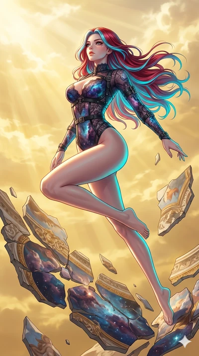 score_9, masterpiece, best quality, ultra-detailed, high-budget anime keyframe, Japanese woman. low angle full-body shot filling the entire 9:16 frame with her statuesque presence, stretching the vertical silhouette. propelling herself off digital ba