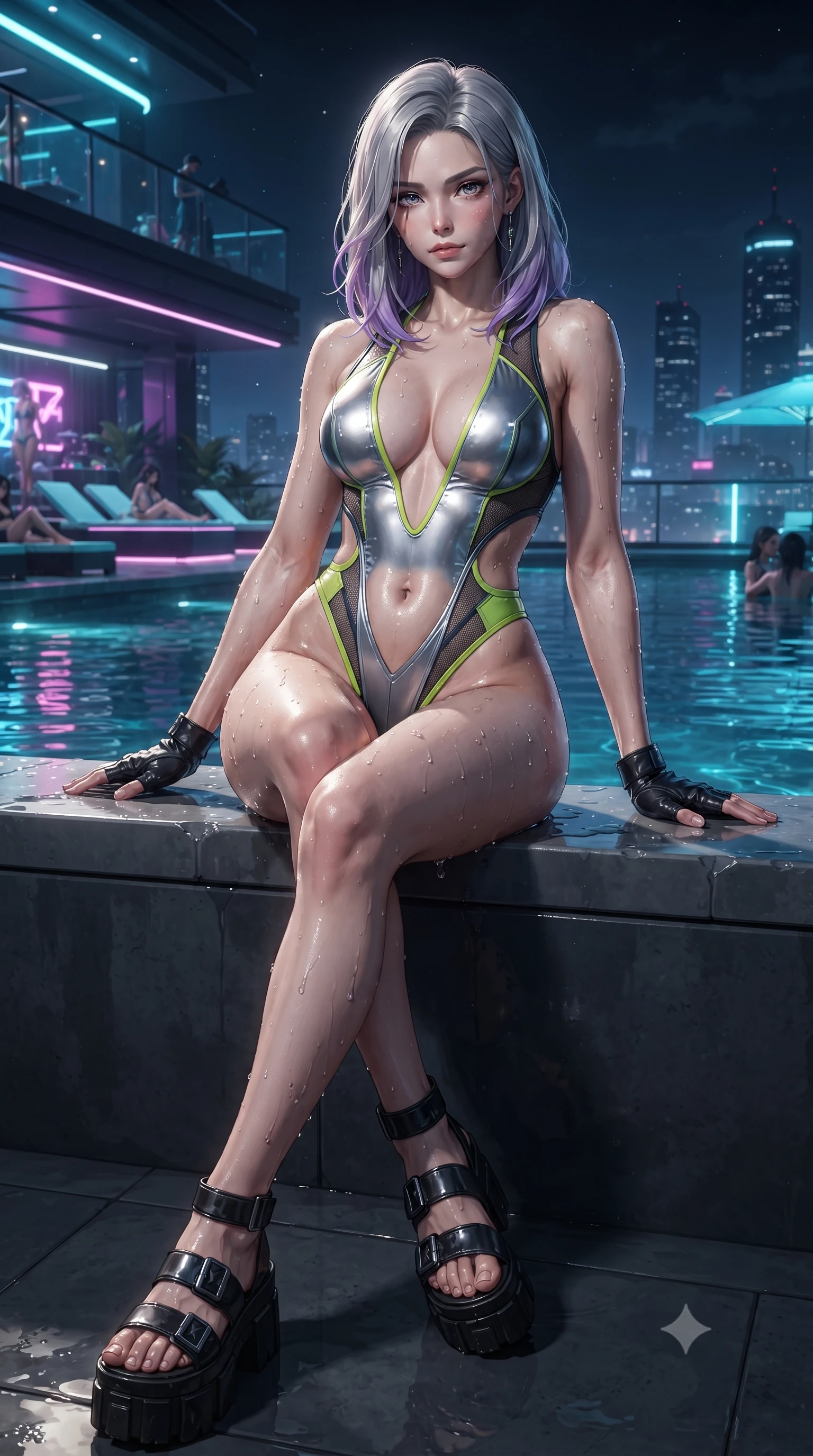 score_9, masterpiece, best quality, ultra-detailed, high-budget anime keyframe, editorial fashion photography, tasteful artistic composition, Caucasian woman. low angle full-body shot from head to toe showing her feet, filling the entire 9:16 vertical frame with her statuesque presence, stretching her vertical silhouette. sitting perched on the elevated ledge with hips angled toward the camera and legs crossed, displaying her toned midriff and flawlessly sculpted slender limbs while pulling herself lightly out of the pool onto the tiled ledge, water droplets glistening on her sculpted glutes and toned midriff. The surrounding environment is rendered in vivid detail and crisp panoramic clarity. high-contrast cyber-resort chiaroscuro and atmospheric midnight pool nightlife rendered in precision. She has an absolutely perfect, statuesque 8.5-heads proportion, an exceptionally tall and slender model-like female figure with impossibly long slender legs, a toned flat midriff, an ultra-slim waist, and beautifully sculpted feminine hips. sharp v-shaped jawline, high-bridge nose, intricate jewel-like eyes with depth, thick eyelashes, glossy parted lips with a natural sheen, intensely captivating and seductive bedroom-eyes expression, flawlessly proportioned anatomical accuracy, strict slender model proportions, natural body alignment, perfectly sculpted long slender limbs, ultra-slim waistline, clean dynamic posture without body distortion. wearing a liquid metallic silver monokini with plunging neckline and ultra-high-cut leg openings in acid lime green and dark carbon grey, made of breathable technical athletic mesh and liquid-finish track nylon, accessorized with bold platform sandals and fingerless leather gloves, the precision-cut side openings and low-back scoop framing her graceful spine and the sensual sweep of her hips. surrounded by an electrifying, hypnotic, and irresistibly provocative nightlife goddess aura. ultra-reflective glossy finish, specular highlights, rich textural contrasts, high-contrast stereoscopic depth, volumetric dynamic lighting, 2k, ultra detail, master piece, 9:16 ratio