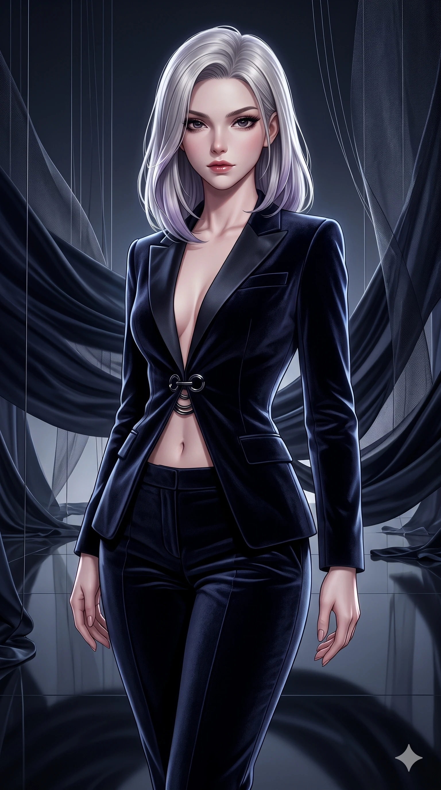 score_9, masterpiece, best quality, ultra-detailed, high-budget anime keyframe, semi-realistic 3D game render, editorial fashion photography, tasteful artistic composition, Caucasian woman. close-up cowboy shot from the waist and thighs up, the character dominates the composition, filling the frame with her large presence. twisting her slender torso in a deep contrapposto stance, hips dramatically shifted to accentuate her feminine curves while twisting her slender torso in an alluring S-curve between billowing midnight fabric waves, directional razor lights tracing her flat midriff and hips. The surrounding environment is rendered in vivid detail and crisp panoramic clarity: sharp sheer silk weave translucency, hanging monofilament wire lines, and mirror-polished floor clarity in deep focus. She has an exceptionally elegant, slender, and willowy female figure with an ultra-slim waist, flat toned midriff, narrow ribcage, and sculpted feminine hips creating an alluring, slim hourglass silhouette without bulk. sharp v-shaped jawline, high-bridge nose, intricate jewel-like dark sparkling eyes with hypnotic seductive depth, thick curled eyelashes, glossy parted lips with a natural wine sheen, alluring bedroom-eyes with an enigmatic smoldering smile, exuding magnetic sovereign charisma and dark avant-garde glamour, flawlessly proportioned anatomical accuracy, strict slender model proportions, natural body alignment, perfectly sculpted long slender limbs, ultra-slim waistline, clean dynamic posture without body distortion. wearing a refined dark velvet pantsuit with satin lapels and tailored cigarette trousers in midnight navy blue and smoky pitch black, tailored from crushed dark velvet with deep light-absorbing plush texture, accented with sculpted obsidian chrome rings at the waist, accentuating her gracefully sculpted slender torso and statuesque proportions. illuminated by polished gallery floor bounce and sharp diamond-platinum rim lights sculpting her razor-sharp jawline, narrow waist, and curvy hips. highly saturated vibrant anime colors, detailed shading with soft gradients, rich glossy textures, high-contrast stereoscopic depth, volumetric dynamic lighting, master piece, 9:16 ratio