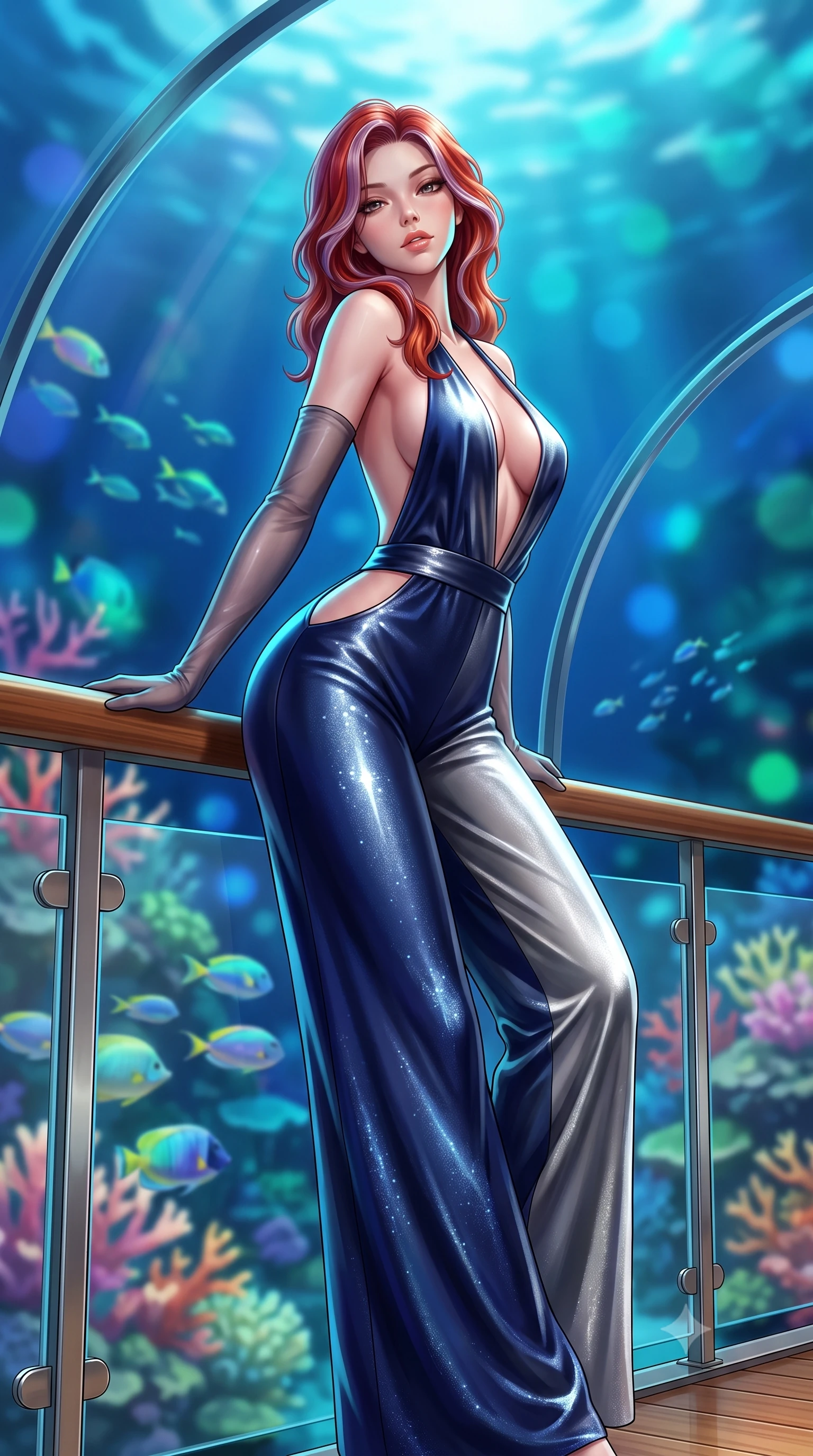 score_9, masterpiece, best quality, ultra-detailed, high-budget anime keyframe, semi-realistic 3D game render, editorial fashion photography, tasteful artistic composition, Caucasian woman. low angle full-body shot from head to toe showing her feet, filling the entire 9:16 vertical frame with her statuesque presence, stretching her vertical silhouette. leaning deep against the balcony balustrade with hips cocked back in an unapologetically alluring high-fashion stance, casting an intoxicating glance while standing poised beneath the 180-degree curved acrylic ceiling five meters beneath the ocean surface, arching her spine with breathtaking siren elegance. The background shows a soft-focus vibrant tropical coral reef gardens outside, schools of iridescent reef fish swimming past, and deep ocean twilight blurred into cobalt, aquamarine, and emerald bokeh. She has an absolutely perfect, statuesque 8.5-heads proportion, an exceptionally tall and slender model-like female figure with impossibly long slender legs, an ultra-slim waist, a flat toned midriff, narrow delicate ribcage, and beautifully sculpted feminine hips creating a graceful, slim hourglass silhouette without any bulky heaviness. sharp v-shaped jawline, high-bridge nose, sparkling eyes with hypnotic seductive depth, thick curled eyelashes, glossy parted lips with a natural dewy peach sheen, alluring bedroom-eyes with an enchanting coquettish smile, exuding magnetic siren charisma and sophisticated glamour, flawlessly proportioned anatomical accuracy, strict slender model proportions, natural body alignment, perfectly sculpted long slender limbs, ultra-slim waistline, clean dynamic posture without body distortion. wearing a backless plunge-front silk satin jumpsuit with fluid wide-leg silhouette and side hip cutouts in deep sapphire navy and molten silver, woven from stretch metallic lurex jersey casting radiant starlight glints across her silhouette, complemented by sheer opera-length evening gloves tracing her slender arms, the glove-like clinging cut tightly following the natural contour of her hips and long slender legs with youthful 8.5-heads elegance. illuminated by dome acrylic reflection fill and sharp electric-cyan rim lights sculpting her jawline, flat midriff, and voluptuous hip curves. highly saturated vibrant anime colors, detailed shading with soft gradients, rich glossy textures, high-contrast stereoscopic depth, volumetric dynamic lighting, master piece, 9:16 ratio