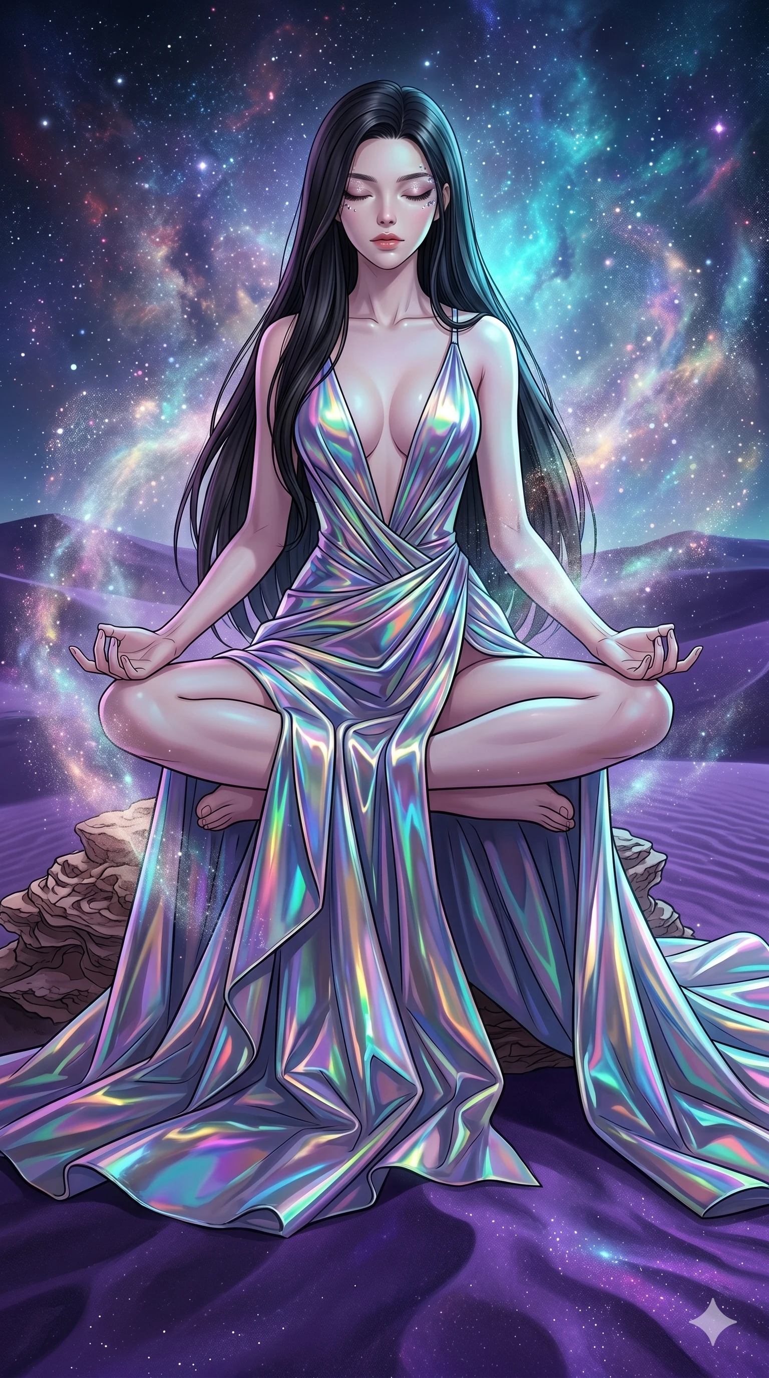 score_9, masterpiece, best quality, ultra-detailed, high-budget anime movie keyframe, cinematic anime lighting, intricate line art, Korean woman. Low angle cowboy shot filling the entire 9:16 frame with her statuesque presence. meditating peacefully in a desert of purple sands in a mist of stardust. She has an absolutely perfect 8-heads proportion, an exceptionally tall and slender female figure with an ultra-slim waist and impossibly long slender legs. sharp v-shaped jawline, high-bridge nose, intricate jewel-like eyes, thick eyelashes, glossy lips. Wearing avant-garde high-fashion gown made of iridescent vinyl with a dangerously high side slit and a plunging neckline, revealing an ultra-slim waist and long slender legs. The scene is illuminated by dramatic atmospheric lighting and vibrant color palettes. , 2k, ultra detail, master piece, 9:16 ratio