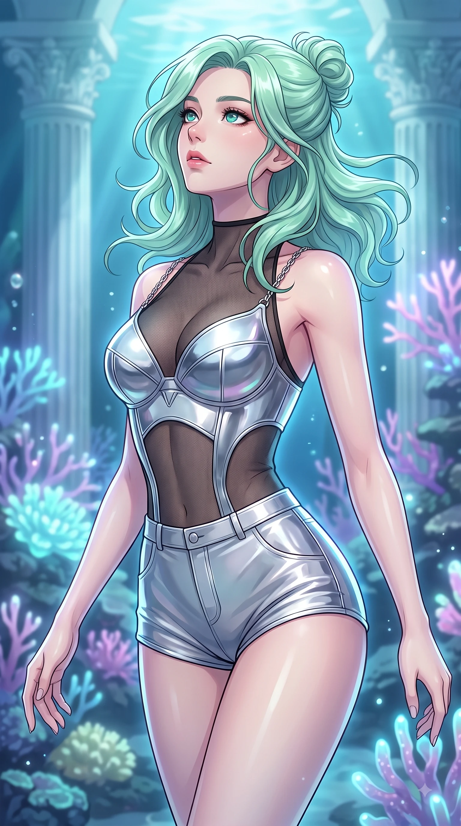 score_9, masterpiece, best quality, ultra-detailed, high-budget anime keyframe, editorial fashion photography, tasteful artistic composition, Japanese woman. close-up cowboy shot from the waist and thighs up, the character dominates the composition, filling the frame with her large presence, background elements kept in soft focus. Tilting her chin up with composed magnetism as dramatic side lighting traces her sculpted waist and hip contour while swimming gracefully in an alluring underwater pose through a sunken marble colonnade, glowing coral blossoms emitting soft aqua and lavender light in the background. She has an exceptionally elegant, slender, and willowy female figure with an ultra-slim waist, a gracefully sculpted slender torso, and a refined silhouette. sharp v-shaped jawline, high-bridge nose, intricate jewel-like eyes with depth, thick eyelashes, glossy lips with a natural sheen, flawlessly proportioned anatomical accuracy, natural body alignment, perfectly sculpted elegant limbs, clean dynamic posture without body distortion. wearing a chrome-plated structured bodice worn over a sheer mesh top and micro-shorts in matte black and polished silver, crafted from smooth liquid silk, adorned with delicate metallic chain straps along the neckline, the glove-like fit emphasizing her statuesque silhouette during motion. surrounded by a shimmering ocean aura with bright pearl-white specular rim lights. highly saturated vibrant anime colors, detailed shading with soft gradients, rich glossy textures, high-contrast stereoscopic depth, volumetric dynamic lighting, master piece, 9:16 ratio