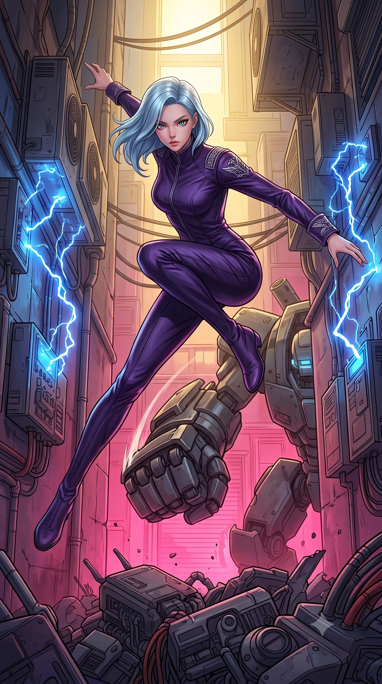 score_9, masterpiece, best quality, ultra-detailed, high-budget anime keyframe, editorial fashion photography, tasteful artistic composition, Korean woman. low angle full-body shot from head to toe showing her feet, filling the entire 9:16 vertical frame with her statuesque presence, stretching her vertical silhouette. acrobatically dodging a heavy mech's swipe by vaulting off a pile of cybernetic debris through an alley lined with buzzing capacitors and electrical transformers, blue arcs leaping between terminals. She has a statuesque 8.5-heads proportion, an exceptionally tall, slender and willowy model-like build with impossibly long legs and a highly sculpted ultra-slim waist. sharp v-shaped jawline, high-bridge nose, intricate jewel-like eyes with depth, thick eyelashes, glossy lips with a natural sheen. wearing the lightweight fabric rippling and billowing dramatically with her movement, a slim-fit sleek dark purple flight command jumpsuit with a high collar, featuring embroidered silver insignia on the shoulders and structured cuffs. highly saturated vibrant anime colors, intense vivid color palette, soft 3D volumetric shading, volumetric dynamic lighting, dramatic contrast of hot pink furnace glow from below and cool golden light from above. 2k, ultra detail, master piece, 9:16 ratio