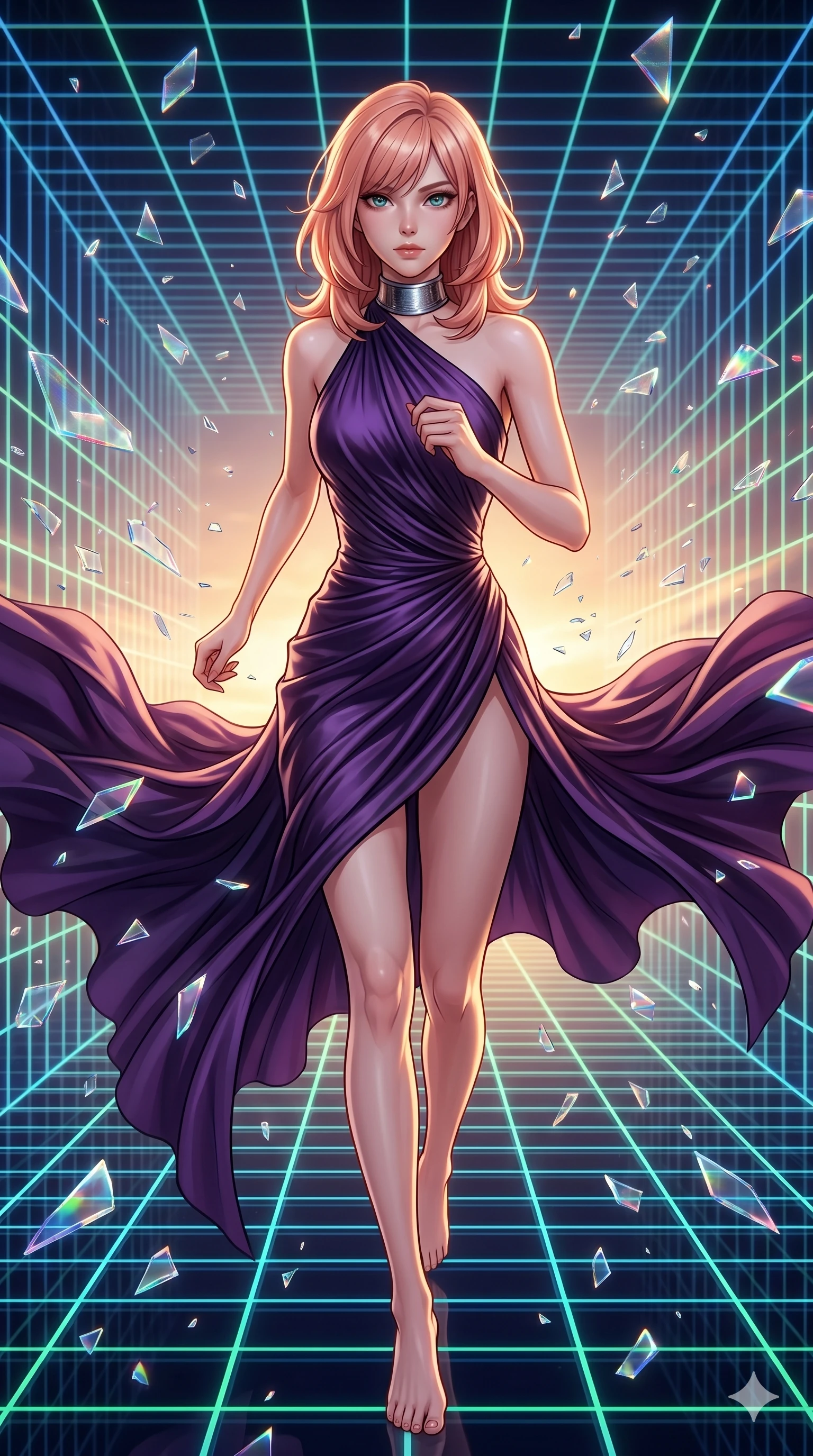 score_9, masterpiece, best quality, ultra-detailed, high-budget anime keyframe, editorial fashion photography, tasteful artistic composition, Japanese woman. upper body close-up from the thighs up, character filling the screen for maximum presence. sprinting along in a digital matrix void where the floor and walls are neon gridlines as floating shattered glass shards refract light like tiny prisms. She has an absolutely perfect 8-heads proportion, an exceptionally tall and slender female figure with impossibly long slender legs and an ultra-slim waist. V-shaped jawline, high-bridge nose, intricate jewel-like eyes with depth, thick eyelashes, glossy lips with a natural sheen.. wearing a gothic liquid silk gown, featuring a deep purple liquid silk maxi gown draped around her, secured by a metallic choker collar, with a high side slit. bathed in warm sunset rays that create a soft gold glow along her slender athletic build. 2k, ultra detail, master piece, 9:16 ratio
