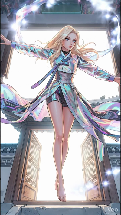 An 8-second cinematic shot of a blonde woman wearing a futuristic, glowing Hanbok made of holographic fabric, suspended in mid-air in front of a grand traditional Korean palace gate. Her dress and long hair flow dynamically as if caught in a mystical