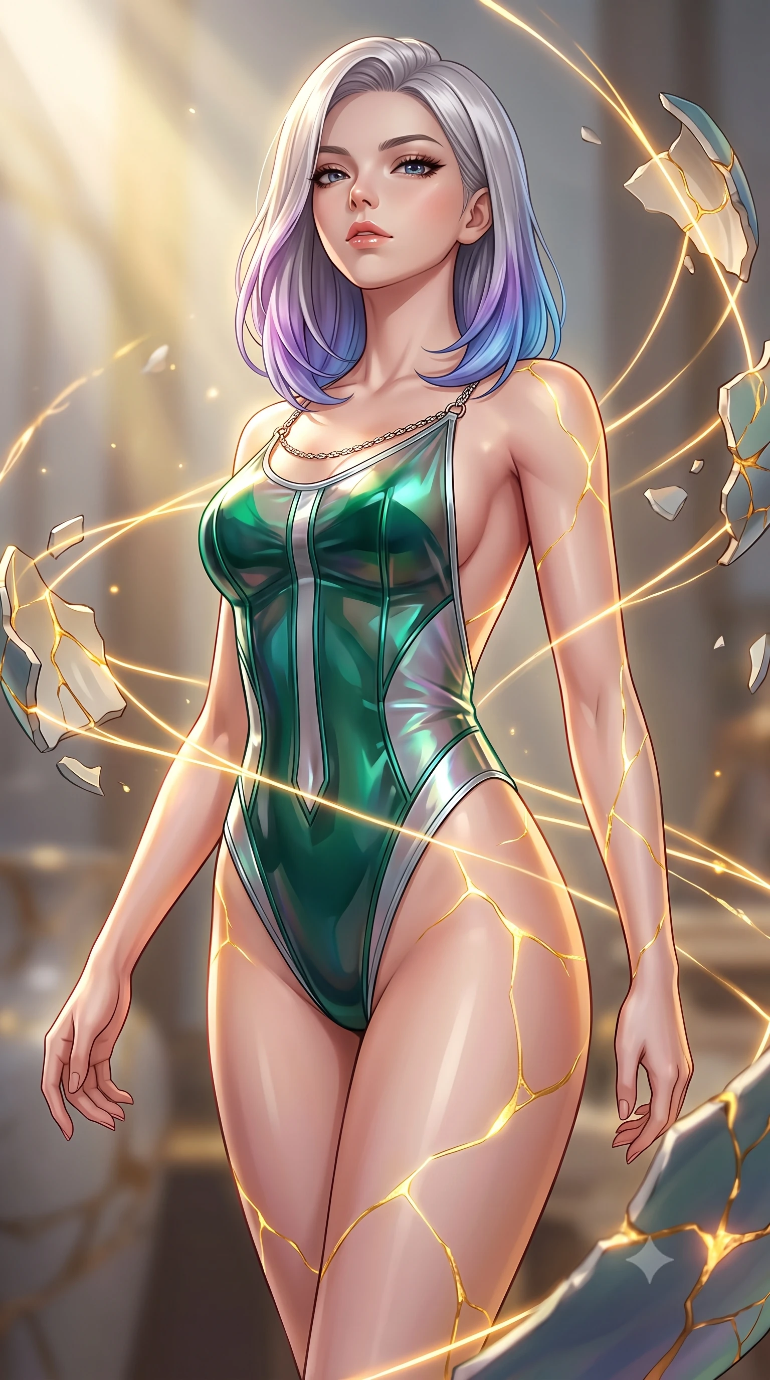 score_9, masterpiece, best quality, ultra-detailed, high-budget anime keyframe, editorial fashion photography, tasteful artistic composition, Caucasian woman. close-up cowboy shot from the waist and thighs up, the character dominates the composition, filling the frame with her large presence, background elements kept in soft focus. Tilting her chin up with an air of effortless superiority while balancing dynamically amidst the scene while stepping forward with proud posture as alchemy light beams illuminate her statuesque figure, golden light threads binding broken ceramic pieces in dynamic orbital motion. She has an exceptionally elegant, slender, and willowy female figure with an ultra-slim waist, a gracefully sculpted slender torso, and a refined silhouette. sharp v-shaped jawline, high-bridge nose, intricate jewel-like eyes with depth, thick eyelashes, glossy lips with a natural sheen, flawlessly proportioned anatomical accuracy, natural body alignment, perfectly sculpted elegant limbs, clean dynamic posture without body distortion. wearing a high-cut translucent vinyl leotard with front paneling and open back in deep emerald green and silver accent, crafted from iridescent chiffon that shifts colors in the light, adorned with delicate metallic chain straps along the neckline, the sleek second-skin texture accentuating her magnetic presence. bathed in radiant golden kintsugi light radiating from ceramic cracks. highly saturated vibrant anime colors, detailed shading with soft gradients, rich glossy textures, high-contrast stereoscopic depth, volumetric dynamic lighting, master piece, 9:16 ratio