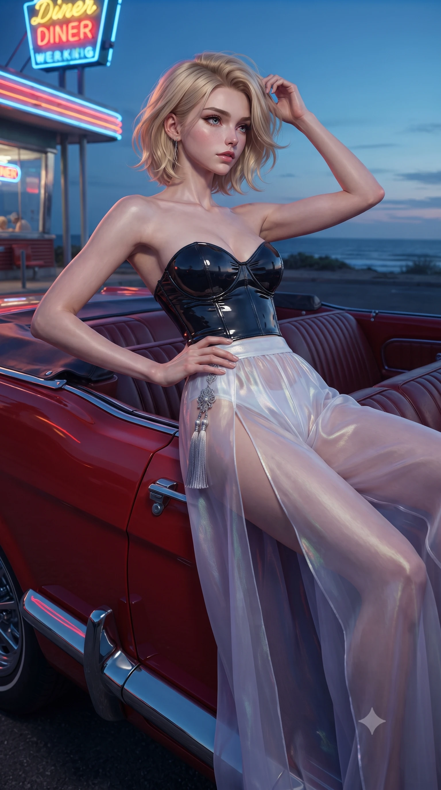 score_9, masterpiece, best quality, ultra-detailed, high-budget anime keyframe, editorial fashion photography, tasteful artistic composition, Caucasian woman. close-up cowboy shot from the waist and thighs up, the character dominates the composition, filling the frame with her large presence. twisting her slender torso in an alluring contrapposto stance, one hand resting on her sculpted hip while her fingers toy with her hair with effortless poise while lounging across the leather back seat of the convertible with legs crossed, looking over the windshield with smoldering bedroom-eyes. The surrounding environment is rendered in vivid detail and crisp panoramic clarity: sharp red lacquer car body reflection, chrome bumper gleam, and leather seat stitching in deep focus. She has an exceptionally elegant, slender, and willowy female figure with an ultra-slim waist, flat toned midriff, narrow ribcage, and sculpted feminine hips creating an alluring, slim hourglass silhouette without bulk. sharp v-shaped jawline, high-bridge nose, sparkling eyes with hypnotic seductive depth, thick curled eyelashes, glossy parted lips with a natural dewy peach sheen, alluring bedroom-eyes with an enchanting coquettish smile, exuding magnetic siren charisma and sophisticated glamour, flawlessly proportioned anatomical accuracy, strict slender model proportions, natural body alignment, perfectly sculpted long slender limbs, ultra-slim waistline, clean dynamic posture without body distortion. wearing a strapless wet-look vinyl bustier paired with sheer chiffon high-slit trousers in iridescent mother-of-pearl and misty lavender, made of semi-opaque stretch illusion mesh with soft shadowy contours, accented with an intricate silver norigae tassel swaying gracefully along her curving hip line, the liquid-tight tailored fabric clinging flawlessly to her narrow waist and rounded feminine hips, emphasizing every millimeter of her sculpted slim hourglass curves without any bulky heaviness. bathed in the glowing neon illumination of the diner sign mixed with twilight coastal sky fill. ultra-reflective glossy finish, specular highlights, rich textural contrasts, high-contrast stereoscopic depth, volumetric dynamic lighting, 2k, ultra detail, master piece, 9:16 ratio
