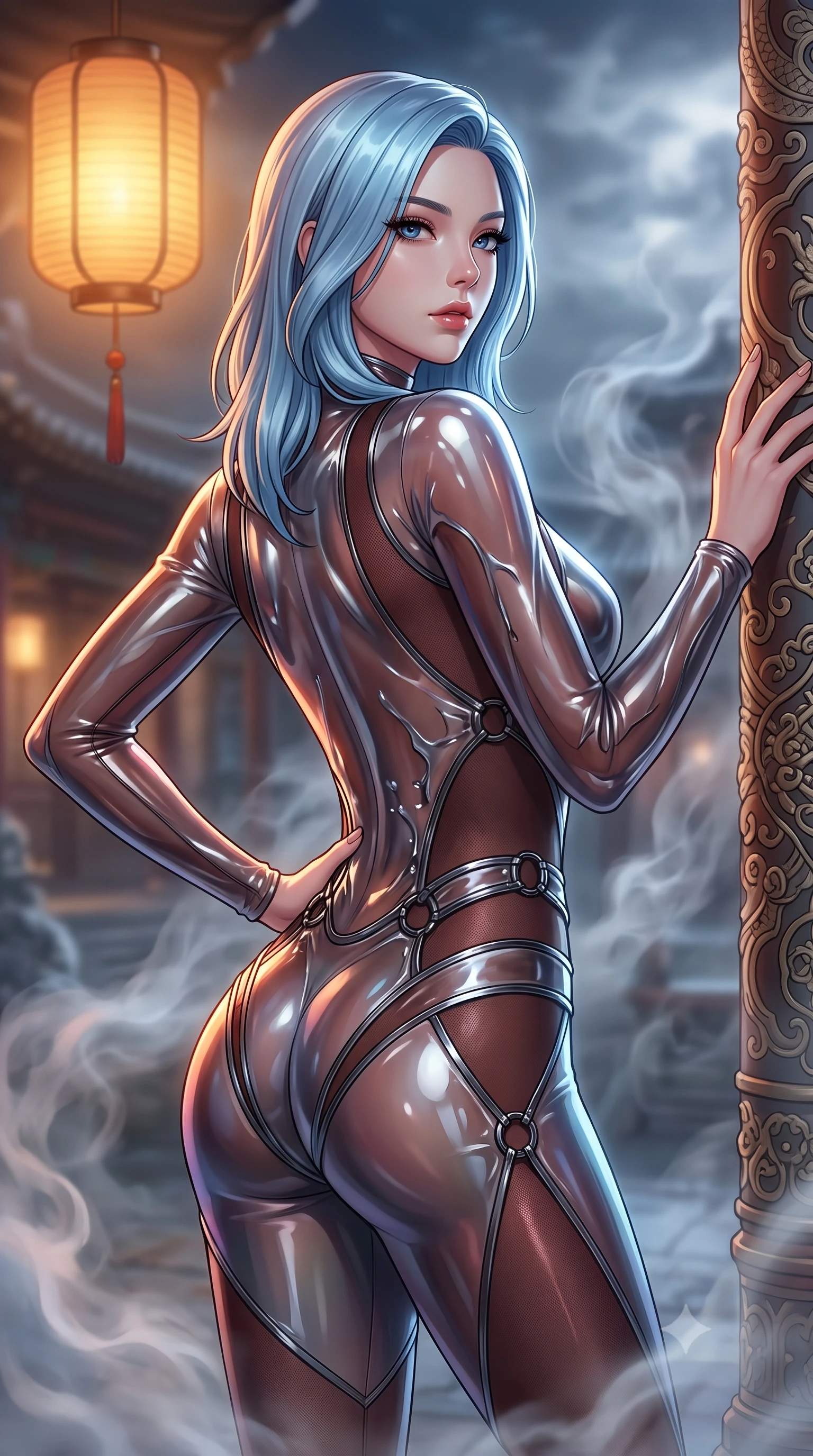 score_9, masterpiece, best quality, ultra-detailed, high-budget anime keyframe, editorial fashion photography, tasteful artistic composition, Korean woman. close-up cowboy shot from the waist and thighs up, the character dominates the composition, filling the frame with her large presence, background elements kept in soft focus. Holding a confident power pose with one hand on her hip, looking back with a serene, magnetic gaze through swirling thermal mist, sensual oriental luxury aesthetic with quiet magnetic charm. She has an exceptionally elegant, slender, and willowy female figure with an ultra-slim waist, a gracefully sculpted slender torso, and a refined silhouette. sharp v-shaped jawline, high-bridge nose, intricate jewel-like eyes with depth, thick eyelashes, glossy lips with a natural sheen. wearing translucent liquid acrylic splash bodysuit with semi-opaque dark mesh in dark mahogany, made of liquid dark mercury jersey, trimmed with dark chrome ring hardware along the waist contours, contouring every curve with an exceptionally elegant silhouette. illuminated by warm amber lantern glow and cold silver moonlight contrast. highly saturated vibrant anime colors, detailed shading with soft gradients, rich glossy textures, high-contrast stereoscopic depth, volumetric dynamic lighting, master piece, 9:16 ratio