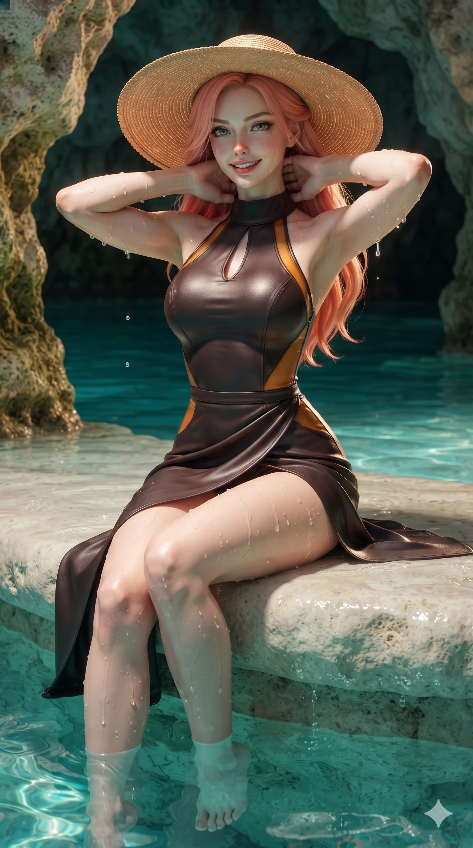 score_9, masterpiece, best quality, ultra-detailed, high-budget anime keyframe, editorial fashion photography, tasteful artistic composition, Japanese woman. close-up cowboy shot from the waist and thighs up, the character dominates the composition, filling the frame with her large presence. resting both hands lightly behind her neck with elbows raised, arching her spine to highlight her narrow waist, flat midriff, and breathtaking collarbones while sitting on the smooth sea-washed limestone shelf with legs dangling into the emerald waters, flashing a dangerous, captivating smile with parted glossy lips. The surrounding environment is rendered in vivid detail and crisp panoramic clarity: sharp water surface tension lines, porous limestone grotto rock textures, and crystalline droplet trails in deep focus. She has an exceptionally elegant, slender, and willowy female figure with an ultra-slim waist, flat toned midriff, narrow ribcage, and sculpted feminine hips creating an alluring, slim hourglass silhouette without bulk. sharp v-shaped jawline, high-bridge nose, sparkling eyes with hypnotic seductive depth, thick curled eyelashes, glossy parted lips with a natural dewy peach sheen, alluring bedroom-eyes with an enchanting coquettish smile, exuding magnetic siren charisma and sophisticated glamour, flawlessly proportioned anatomical accuracy, strict slender model proportions, natural body alignment, perfectly sculpted long slender limbs, ultra-slim waistline, clean dynamic posture without body distortion. wearing a structured high-neck halterneck maillot dress with modest keyhole and tailored wrap skirt in dark espresso leather and warm amber highlights, tailored from second-skin technical compression neoprene with athletic curve-sculpting stretch, finished with a wide-brimmed woven straw sunhat tipped back to frame her face and long glossy hair, the impeccably tailored cut draping gracefully along her slender figure with aristocratic resort poise. illuminated by jade water bounce and sharp golden-emerald rim lights defining her razor-sharp jawline, narrow waist, and curvy hips. ultra-reflective glossy finish, specular highlights, rich textural contrasts, high-contrast stereoscopic depth, volumetric dynamic lighting, 2k, ultra detail, master piece, 9:16 ratio
