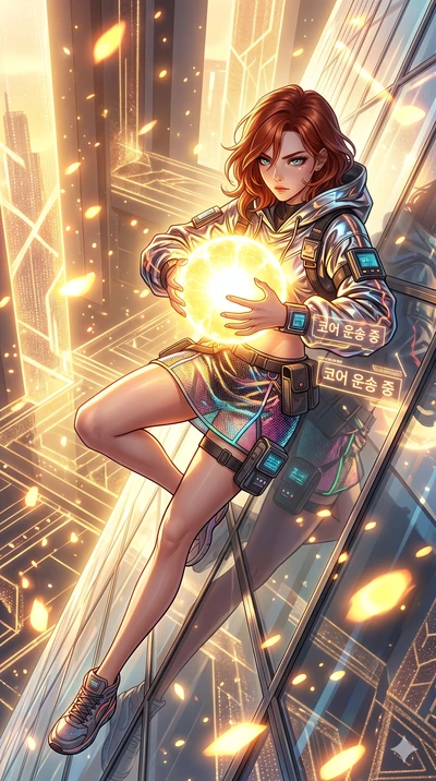 score_9, masterpiece, best quality, ultra-detailed, Set A: High-budget Anime Keyframe, Korean woman. Low angle cowboy shot filling the entire 9:16 frame with her statuesque presence. Theme: Ethereal Dream. sliding down a glass skyscraper in a temple 