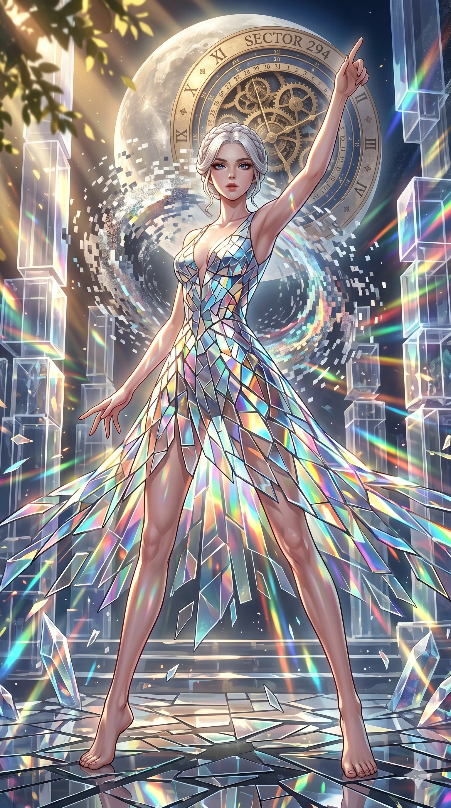 score_9, masterpiece, best quality, ultra-detailed, Set A: High-budget Anime Keyframe, Korean woman. Low angle cowboy shot filling the entire 9:16 frame with her statuesque presence. Theme: Ethereal Dream. shattering the fabric of reality in a temple made of solid light, with a massive clockwork moon ticking behind her as sector 294. The atmosphere is filled with cinematic sunlight through leaves. She has an absolutely perfect 8-heads proportion, an exceptionally tall and slender female figure with impossibly long slender legs and an ultra-slim waist. Sharp v-shaped jawline, high-bridge nose, intricate jewel-like eyes with depth, glossy lips. Wearing Fragmented mirror-glass dress that creates a prismatic lighting effect around her. Cinematic lighting, vivid colors, dramatic shadows, 2k, ultra detail, master piece, 9:16 ratio