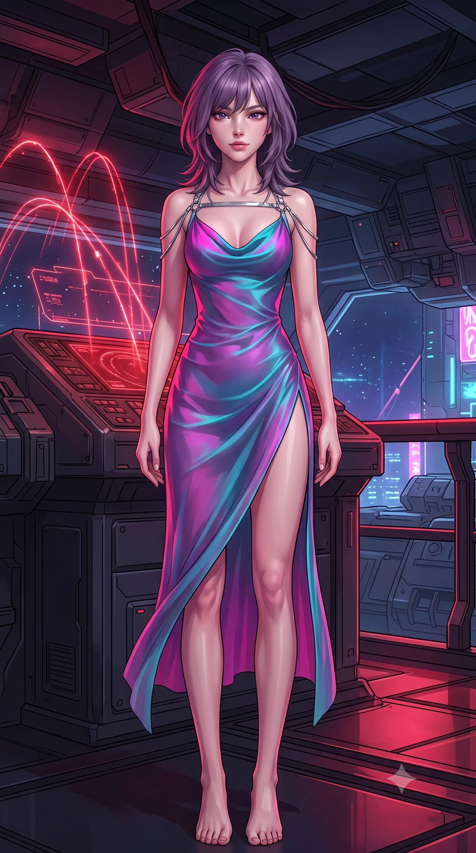 score_9, masterpiece, best quality, ultra-detailed, high-budget anime keyframe, semi-realistic 3D game render, editorial fashion photography, tasteful artistic composition, Japanese woman. low angle full-body shot from head to toe showing her feet, filling the entire 9:16 vertical frame with her statuesque presence, stretching her vertical silhouette. leaning deep against the balcony balustrade with hips cocked back in an unapologetically alluring high-fashion stance, casting an intoxicating glance while leaning against the heavy gunnery console with hips cocked back, looking through glowing red holographic firing arcs with intoxicated smoldering bedroom-eyes. The surrounding environment is rendered in vivid detail and crisp panoramic clarity: detailed anime combat styling, glossy highlights, and heavy military orbital hardware in high resolution. She has an exceptionally tall and slender model-like 8.5-heads proportion, an ultra-slim waist, a flat toned midriff, narrow delicate ribcage, and beautifully sculpted feminine hips creating a graceful, slim hourglass silhouette without any bulky heaviness, with impossibly long slender legs. sharp v-shaped jawline, high-bridge nose, intricate jewel-like sparkling eyes with depth, thick eyelashes, glossy parted lips with a natural peach sheen, bright cheerful beaming smile with an enchanting and coquettish sensual glint, exuding both youthful cute charm and seductive allure, flawlessly proportioned anatomical accuracy, strict slender model proportions, natural body alignment, perfectly sculpted long slender limbs, ultra-slim waistline, clean dynamic posture without body distortion. wearing a form-contouring gossamer silk chiffon combat slip dress with a hip-high slit and open cowl back clinging with dewy moisture in Kowloon neon magenta and electric teal, crafted from bespoke double-faced cashmere with an exceptionally soft tactile finish, accented with a chrome-drop body harness subtly framing her dewy collarbones and spine, the bespoke structured tailoring following the natural line of her 8.5-heads silhouette with refined elegance. illuminated by gun deck reflection bounce and sharp ruby-red rim lights defining her jawline, narrow waist, and curvy hips. highly saturated vibrant anime colors, detailed shading with soft gradients, rich glossy textures, high-contrast stereoscopic depth, volumetric dynamic lighting, master piece, 9:16 ratio
