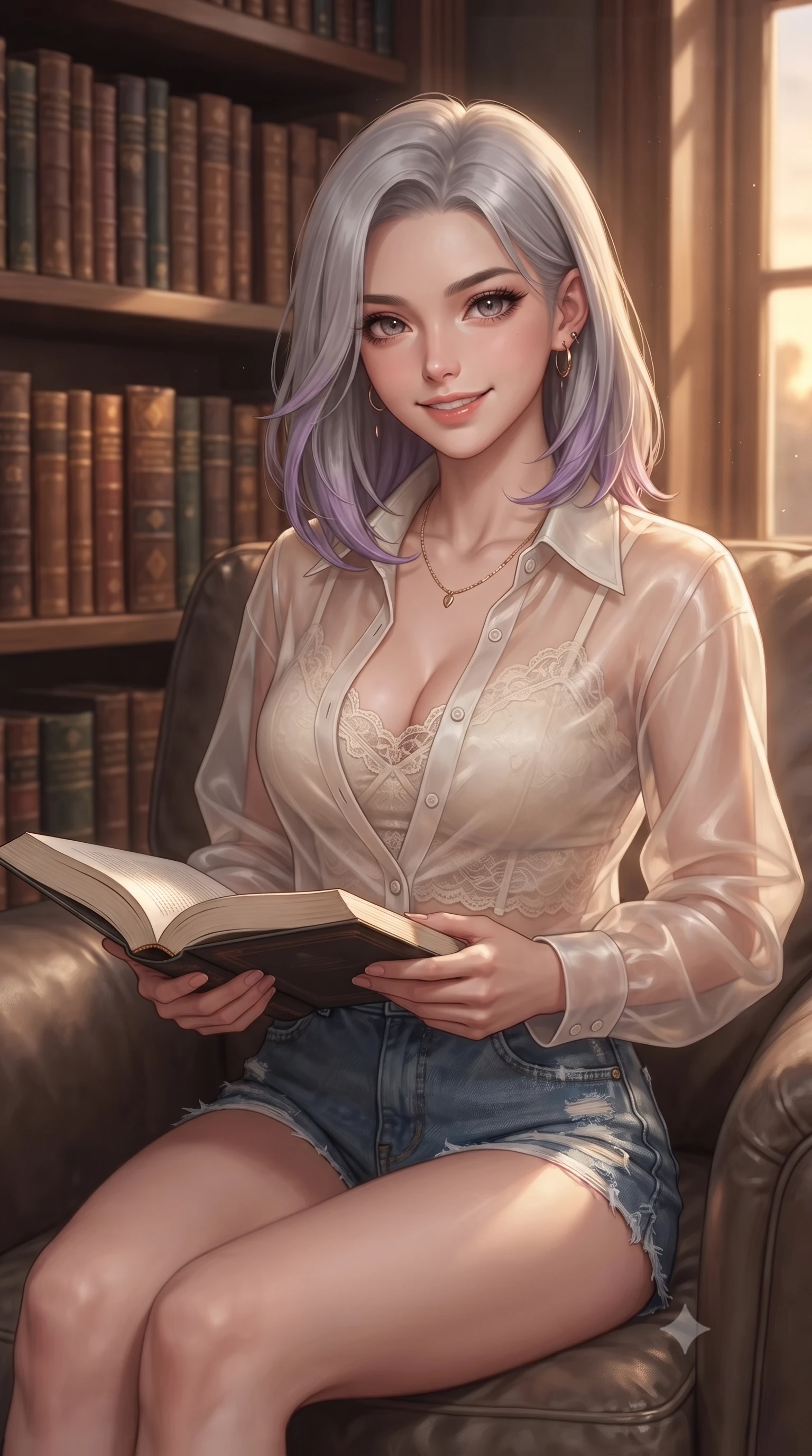 score_9, masterpiece, best quality, ultra-detailed, high-budget anime keyframe, editorial fashion photography, tasteful artistic composition, Caucasian woman. close-up cowboy shot from the waist and thighs up, the character dominates the composition, filling the frame with her large presence, background elements kept in soft focus. gazing at the camera with a warm, lovely smile and cute, friendly eye contact set against a soft-focus background of in a quiet library study alcove surrounded by tall oak bookshelves filled with old books reading an open hardcover book with a happy, focused expression. She has an exceptionally elegant, slender, and willowy female figure with an ultra-slim waist, a gracefully sculpted slender torso, and a refined silhouette. sharp v-shaped jawline, high-bridge nose, intricate jewel-like eyes with depth, thick eyelashes, glossy lips with a natural sheen. wearing body-hugging sheer organza button-up shirt worn over a lace-accented crop top and high-waist mini shorts. cozy golden hour sunset light illuminating the dusty bookshelves with a warm glow. ultra-reflective glossy finish, specular highlights, metallic sheen, high-contrast stereoscopic depth, volumetric dynamic lighting, 2k, ultra detail, master piece, 9:16 ratio
