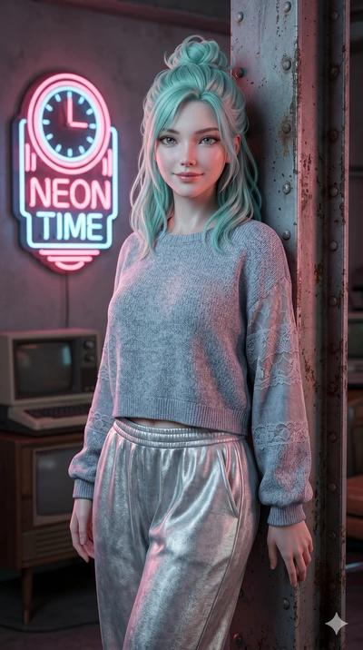 score_9, masterpiece, best quality, ultra-detailed, high-budget anime keyframe, semi-realistic 3D game render, Japanese woman. Upper body close-up from the thighs up, character filling the screen for maximum presence. Standing next to a retro neon si