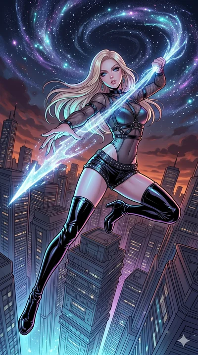 score_9, masterpiece, best quality, ultra-detailed, high-budget anime movie keyframe, cinematic anime lighting, intricate line art, Japanese anime girl. Extreme high angle shot as she leaps towards the camera, filling the frame. drawing stardust from