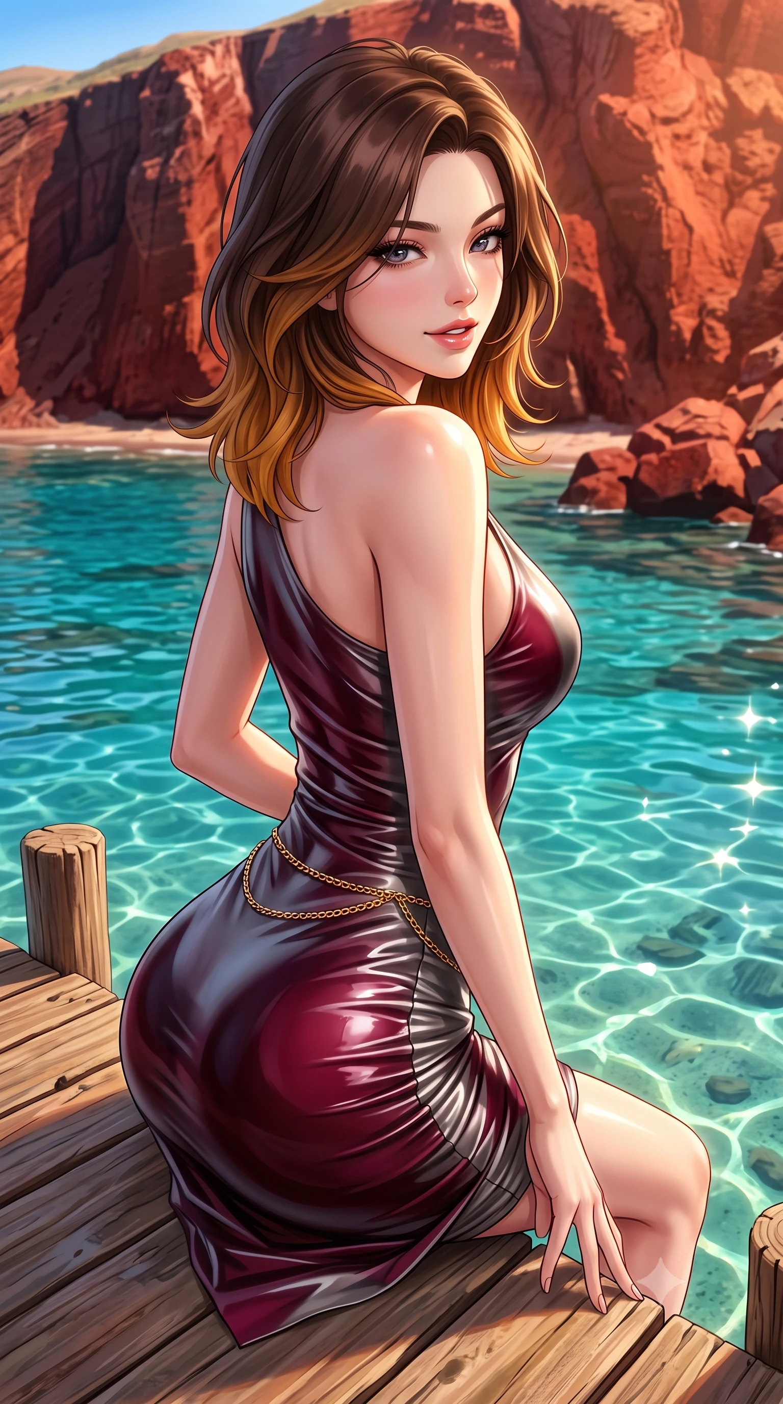 score_9, masterpiece, best quality, ultra-detailed, high-budget anime keyframe, semi-realistic 3D game render, editorial fashion photography, tasteful artistic composition, Korean woman. close-up cowboy shot from the waist and thighs up, the character dominates the composition, filling the frame with her large presence. turning over a bare shoulder with an intoxicating, teasing smile, her soft hair framing her sharp jawline as her hips angle gracefully while perching on the rustic wooden dock beside clear turquoise cove waters, arching her back as towering red volcanic cliffs glow in the setting sun. The surrounding environment is rendered in vivid detail and crisp panoramic clarity. sharp volcanic red stone cliff textures, rustic wooden dock planks, and clear Aegean water caustics in deep focus. She has an exceptionally elegant, slender, and willowy female figure with an ultra-slim waist, flat toned midriff, narrow ribcage, and sculpted feminine hips creating an alluring, slim hourglass silhouette without bulk. sharp v-shaped jawline, high-bridge nose, intricate jewel-like eyes with depth, thick eyelashes, glossy parted lips with a natural sheen, intensely captivating and seductive bedroom-eyes expression, flawlessly proportioned anatomical accuracy, strict slender model proportions, natural body alignment, perfectly sculpted long slender limbs, ultra-slim waistline, clean dynamic posture without body distortion. wearing a form-contouring cocktail dress with an asymmetrical open shoulder and hip-defining ruching in deep wine burgundy and brushed dark platinum, tailored from second-skin aerodynamic stretch vinyl with specular wet sheen, accented with a delicate gold chain belt resting loosely on her curvy hips, the liquid-tight tailored fabric clinging flawlessly to her narrow waist and rounded feminine hips, emphasizing every millimeter of her sculpted slim hourglass curves without any bulky heaviness. illuminated by sparkling sea surface glints sharply carving her razor-sharp jawline, narrow waist, and curvy hips. highly saturated vibrant anime colors, detailed shading with soft gradients, rich glossy textures, high-contrast stereoscopic depth, volumetric dynamic lighting, master piece, 9:16 ratio